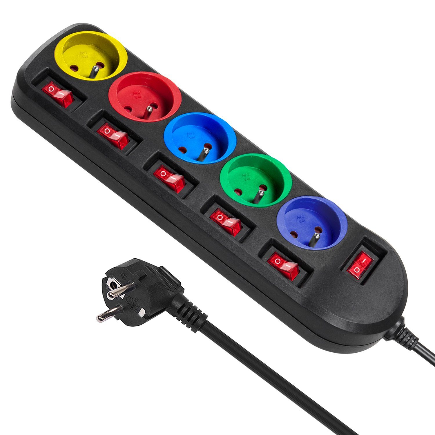 Maclean MCE204 Farbenfroh 5‑fach 1,5 m Kabel (Typ E) Steckdosenleiste 5-fach (Ein- / Ausschalter, separate Ein- / Ausschalter, Schalterbeleuchtung, Kindersicherung, Kabellänge 1.5 m), mit separaten Schaltern LED‑Beleuchtung