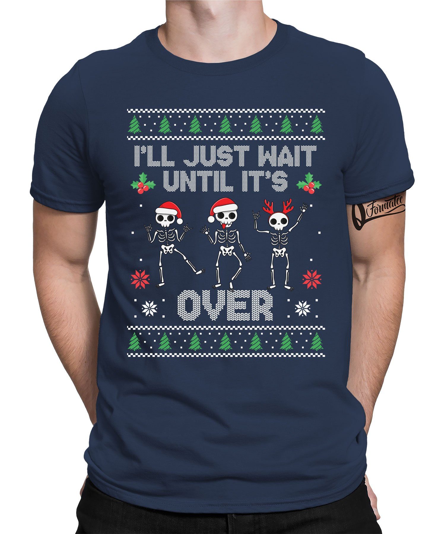 Weihnachtsgeschenk Blau (1-tlg) Kurzarmshirt Ugly Christmas X-mas Navy Formatee Skelett Herren - Quattro Weihnachten