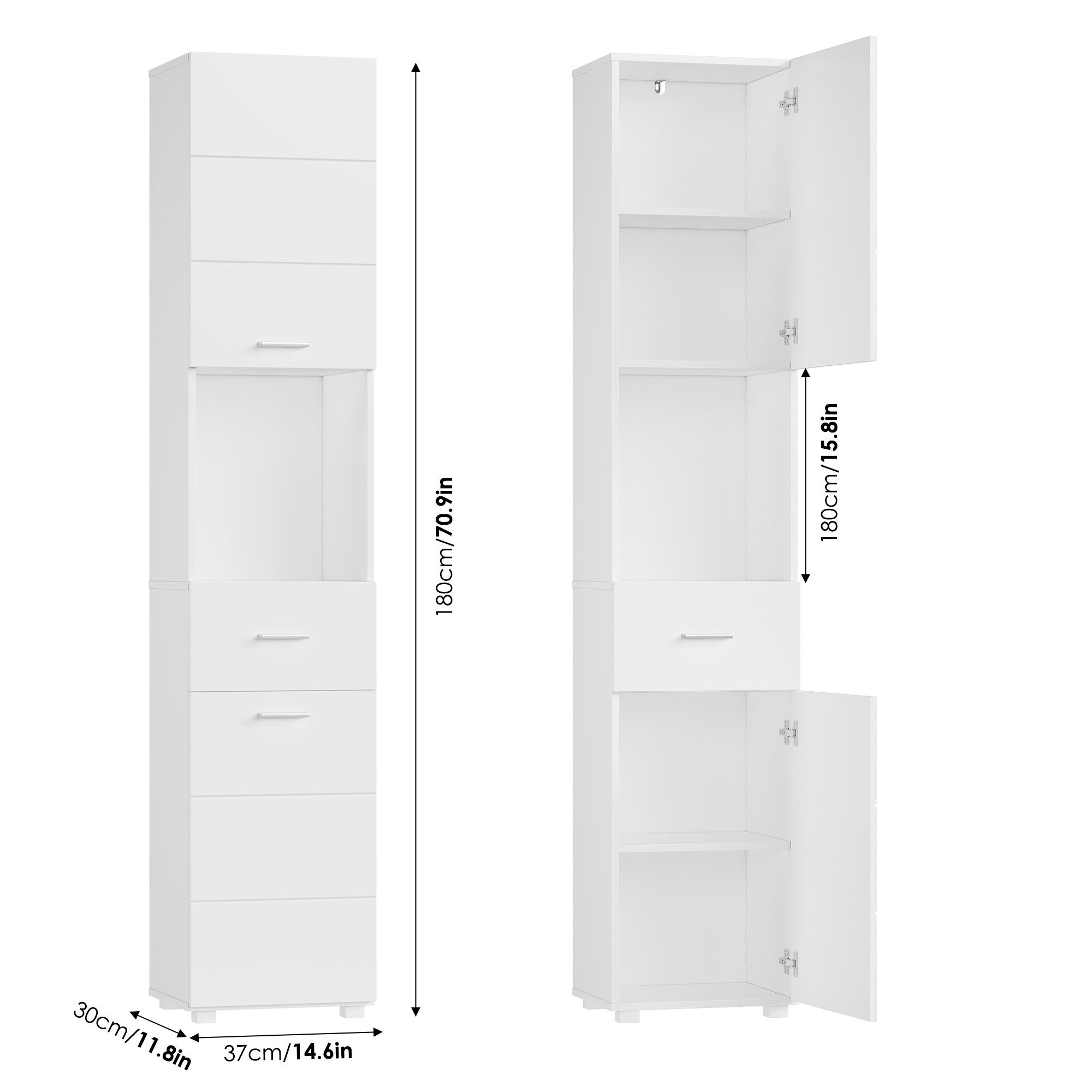 Homfa Hochschrank Badezimmerschrank Badschrank schmal, Soft-Close-Funktion, 180cm hoch