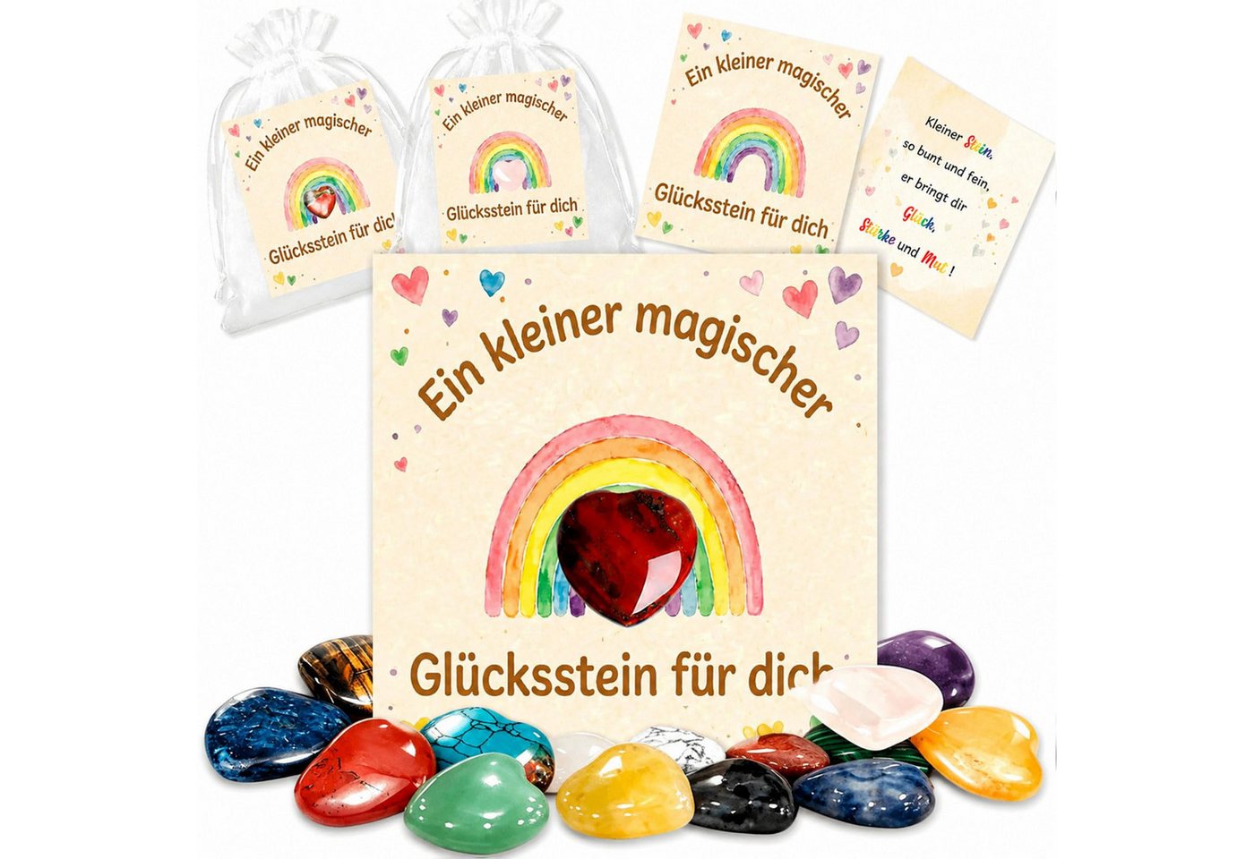 FOUORTUNATE-BEE Edelstein 16 Stück Glückssteine Set mit Karte & Beutel Kinder Geschenk, (Glückssteine mit Karte und Beutel Souvenir für Kinder, 16-St., Mitgebsel Kindergeburtstag Glücksbringer Gastgeschenke)