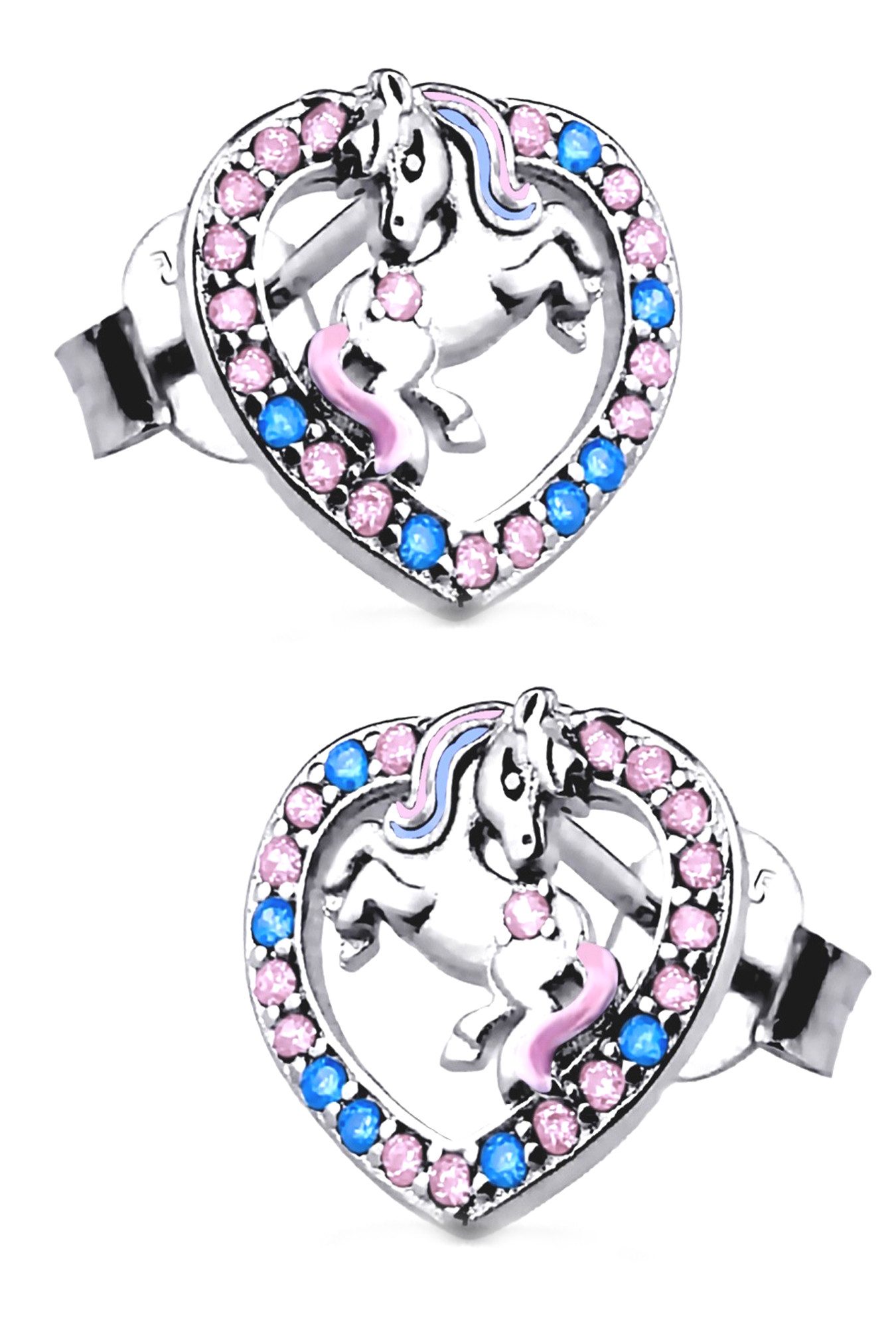 Limana Paar Ohrstecker Ohrringe 925 Silber rosa Einhorn Pferde Herz Mädchen Damen Kinder (inkl. Schmuckbox), Geschenk Einschulung Ostern Weihnachten Geburtstag Schulanfang