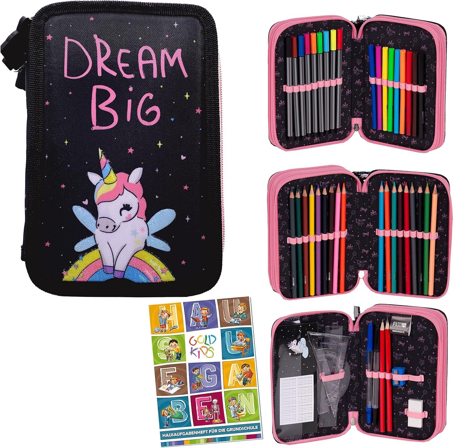 GOLDKIDS Federmäppchen Federmappe Federtasche Einhorn Motiv 3-fache, (45-teilig gefüllte Schüleretui Stifte und, 1-tlg., Pinsel inkl. Aufgabenheft Federbox Etui), Stiftetasche Schlamper-Etui Schul-Etui