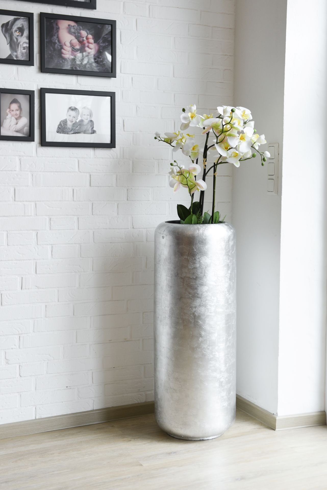 VIVANNO Pflanzkübel Pflanzgefäß Bodenvase Hochglanz Fiberglas MERA Silber