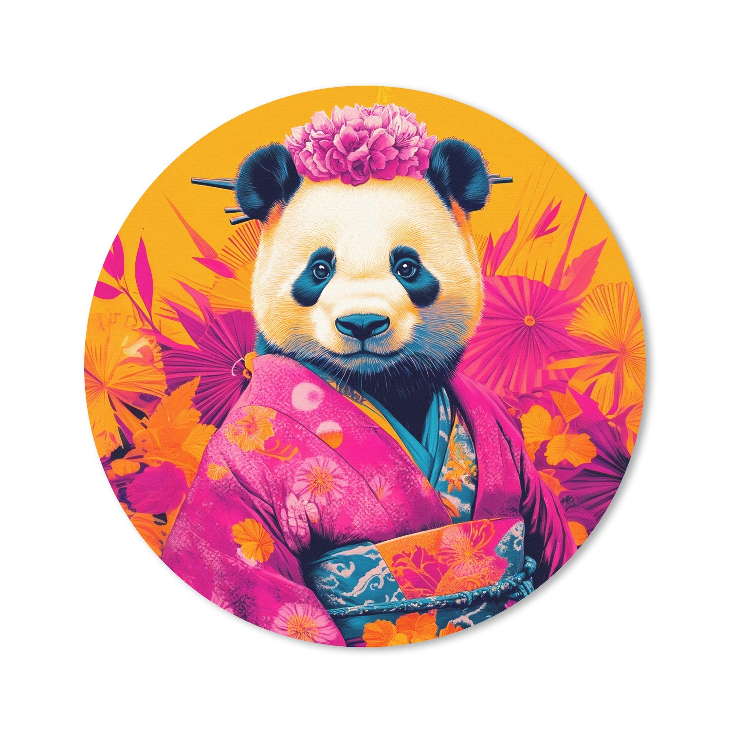MuchoWow Mauspad Kimono - Rosa - Panda - Blumenkrone (1-St), Büro für Tastatur und Maus, Mousepad Gaming, Rund 20x20 cm