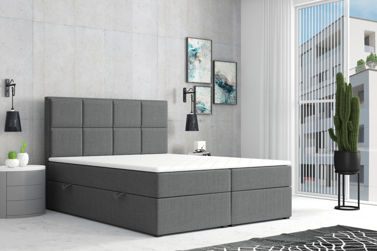 Möbel Punkt Boxspringbett Portofino Grau Schwarz (Kassetten - Fach - Optik Kopfteil, Liegefläche 180 x 200 cm), mit Bettkasten, Topper, Fußteil