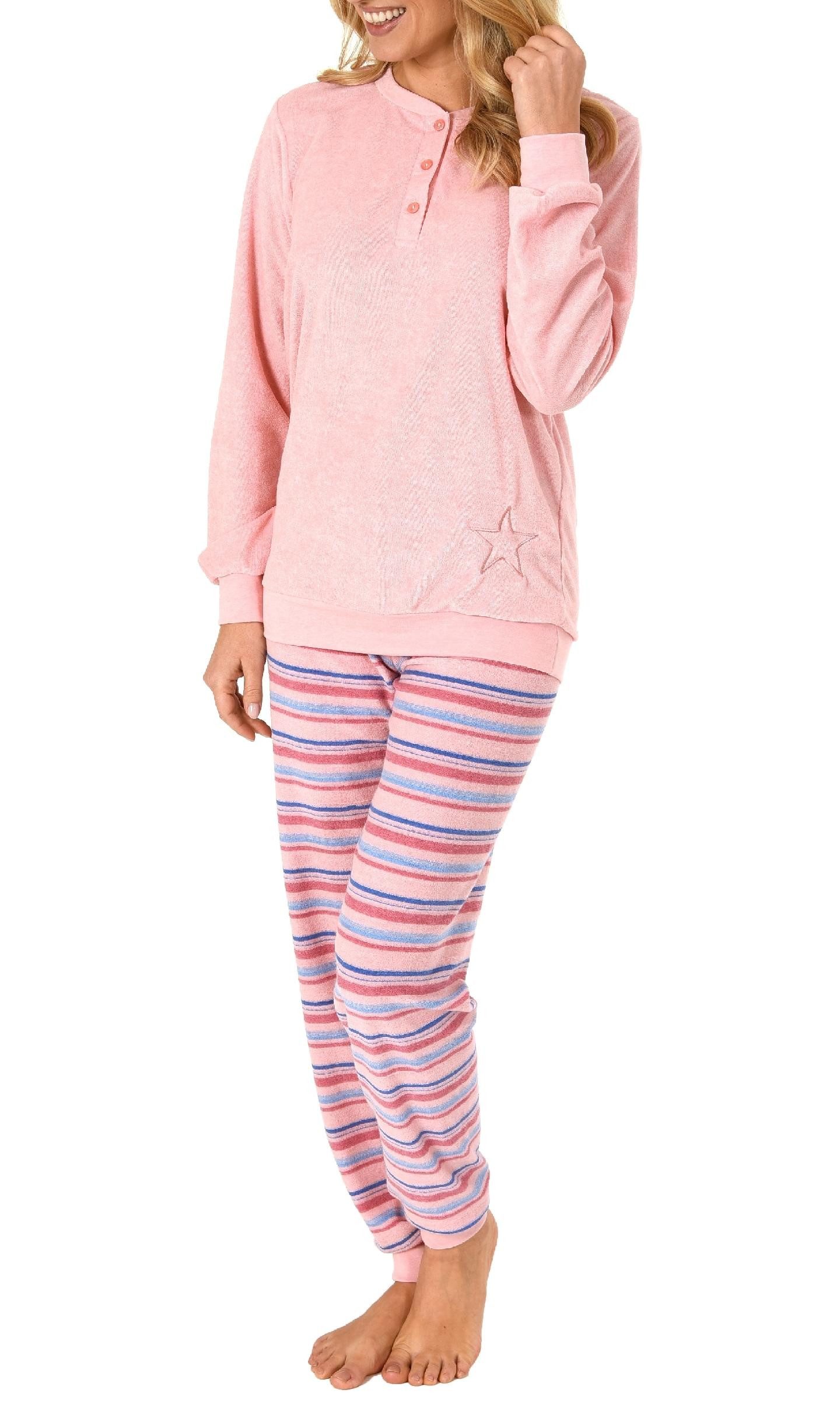 Pyjama Damen Frottee Pyjama lang mit Bündchen Hose gestreift