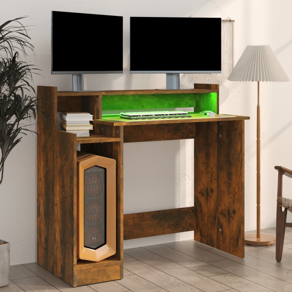 Räuchereiche Schreibtisch Schreibtisch Holzwerkstoff vidaXL 97x45x90 LEDs Räuchereiche mit Räuchereiche | cm