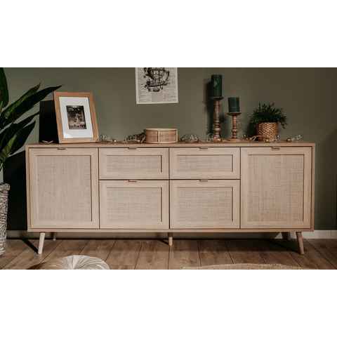 Finori Sideboard Sideboard Kommode groß Bali, Sonoma Eiche / Rafia Geflecht, Mediterr