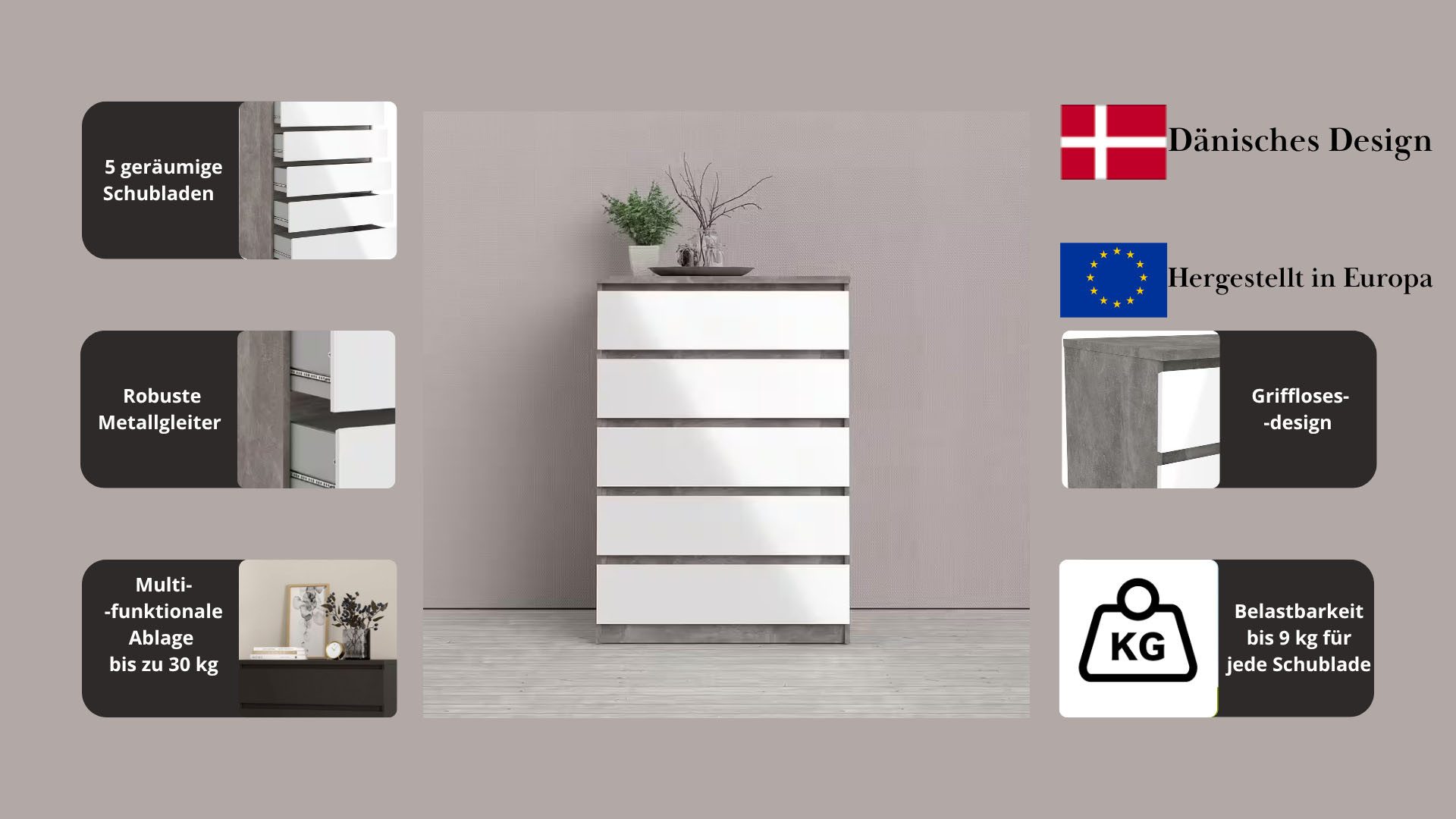 Home affaire Kommode Naia, Aufbewahrung, 5 Schubladen, Matt-Optik, grifflose Front, Modern, skandinavisches Design, in mehrere Farben, Hoch