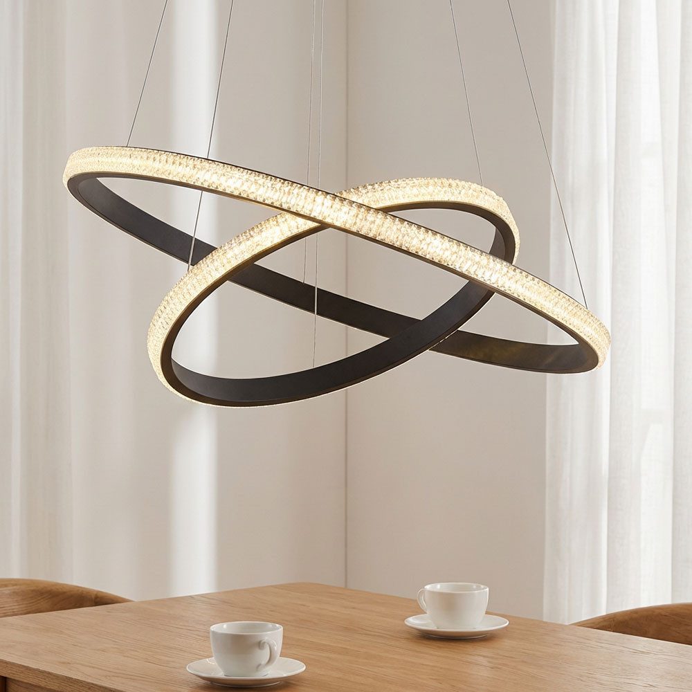 JUST LIGHT Hängeleuchte, LED-Leuchtmittel fest verbaut, Warmweiß, LED Hängelampe Dimmer Memory Kristall Ring Pendelleuchte Alu schwarz