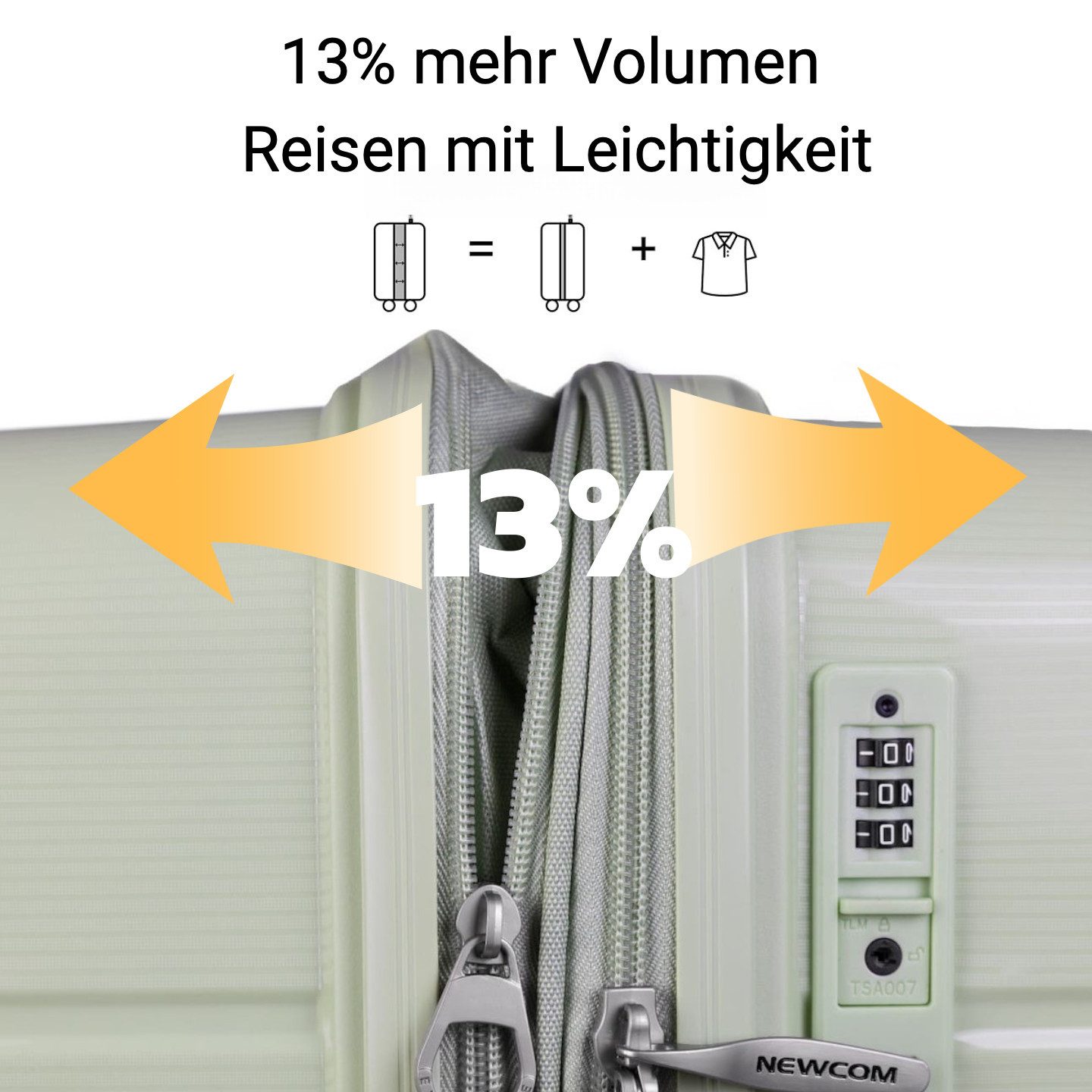 NEWCOM Handgepäck-Trolley Hartschalenkoffer Handgepäck, M/55cm, TSA, Polypropylen, Erweiterbar, 4 Rollen, 360° drehbar, 20Zoll, 54L, Grün, leichter & robuster Reisekoffer