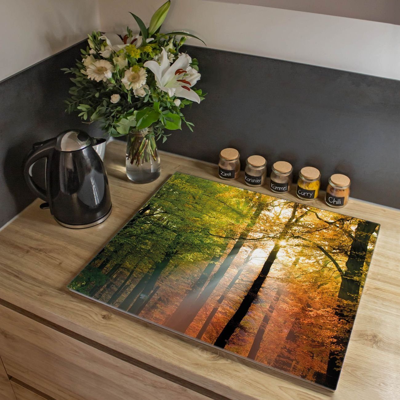 Herd-Abdeckplatte Herbstwald, Gummifüßchen) inkl. (gehärtet, 1 banjado Glas selbstklebende tlg.,