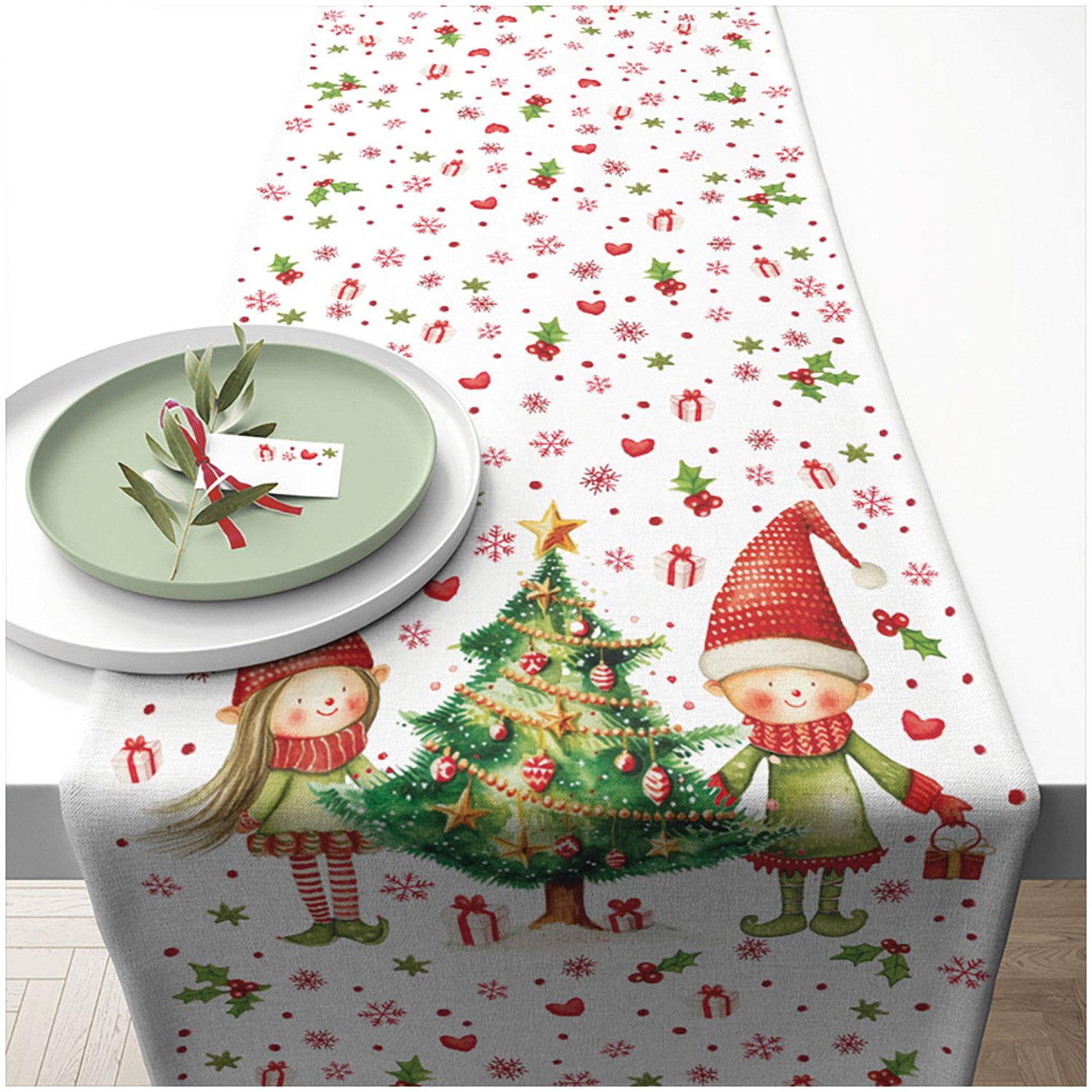Ambiente® Tischläufer Elves by the tree (1-tlg, 1-teilig), Tischläufer Tischdecke ca.40x150cm Baumwolle