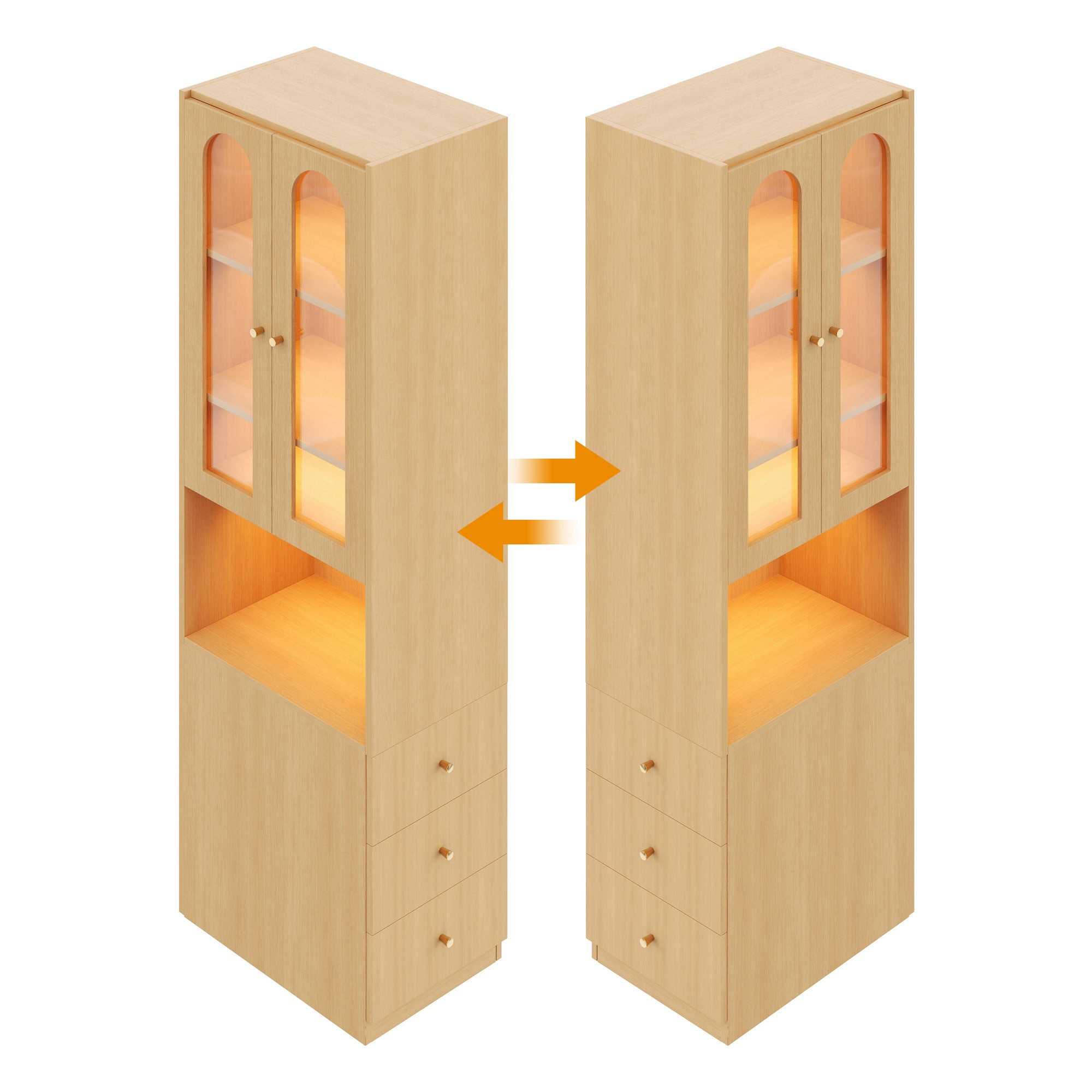 Flieks Eckschrank mit LED-Beleuchtung, Glastüren, Schubladen, links&rechts austauschbar (1-St., B60/T40/H200 cm) Bücherregal Hochschrank Glasvitrine Mehrzweckschrank Holzoptik