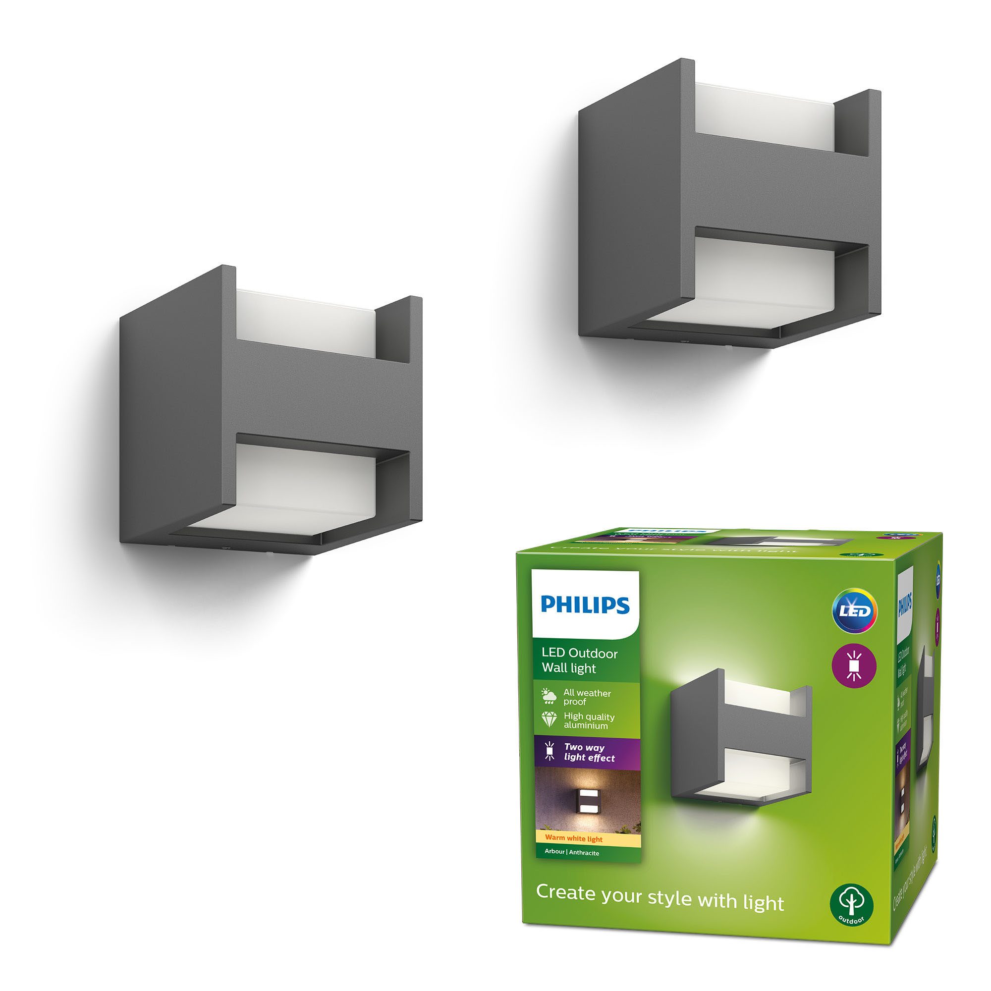Philips LED Außen-Wandleuchte 2er Pack myGarden LED Arbour, LED fest integriert, Warmweiß, 800 Lumen, anthrazit