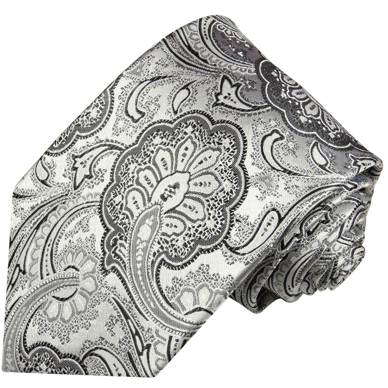 Paul Malone Krawatte Designer Seidenkrawatte Herren Schlips floral paisley 100% Seide Schmal (6cm), silber schwarz 585