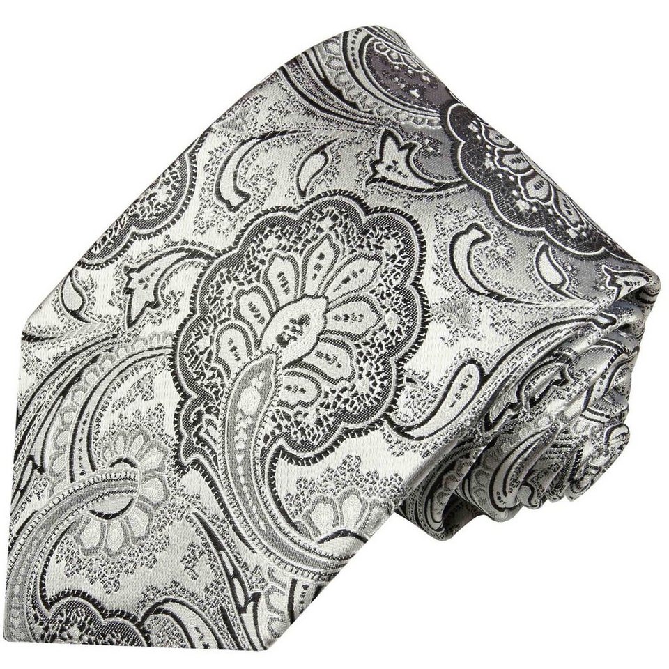 Paul Malone Krawatte Designer Seidenkrawatte Herren Schlips floral paisley  100% Seide Schmal (6cm), silber schwarz 585