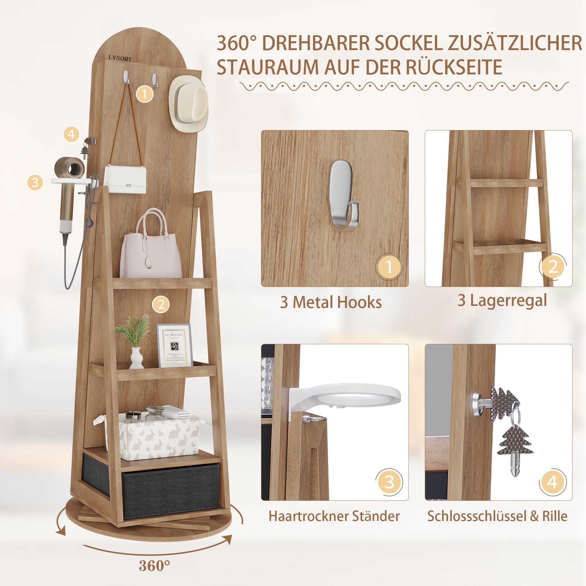 LVSOMT Schmuckschrank 360° Drehbar, LED Bogen Schmuckschrank mit Spiegel, 163x37cm Stehender Holzschrank mit 3-stufigem Regal