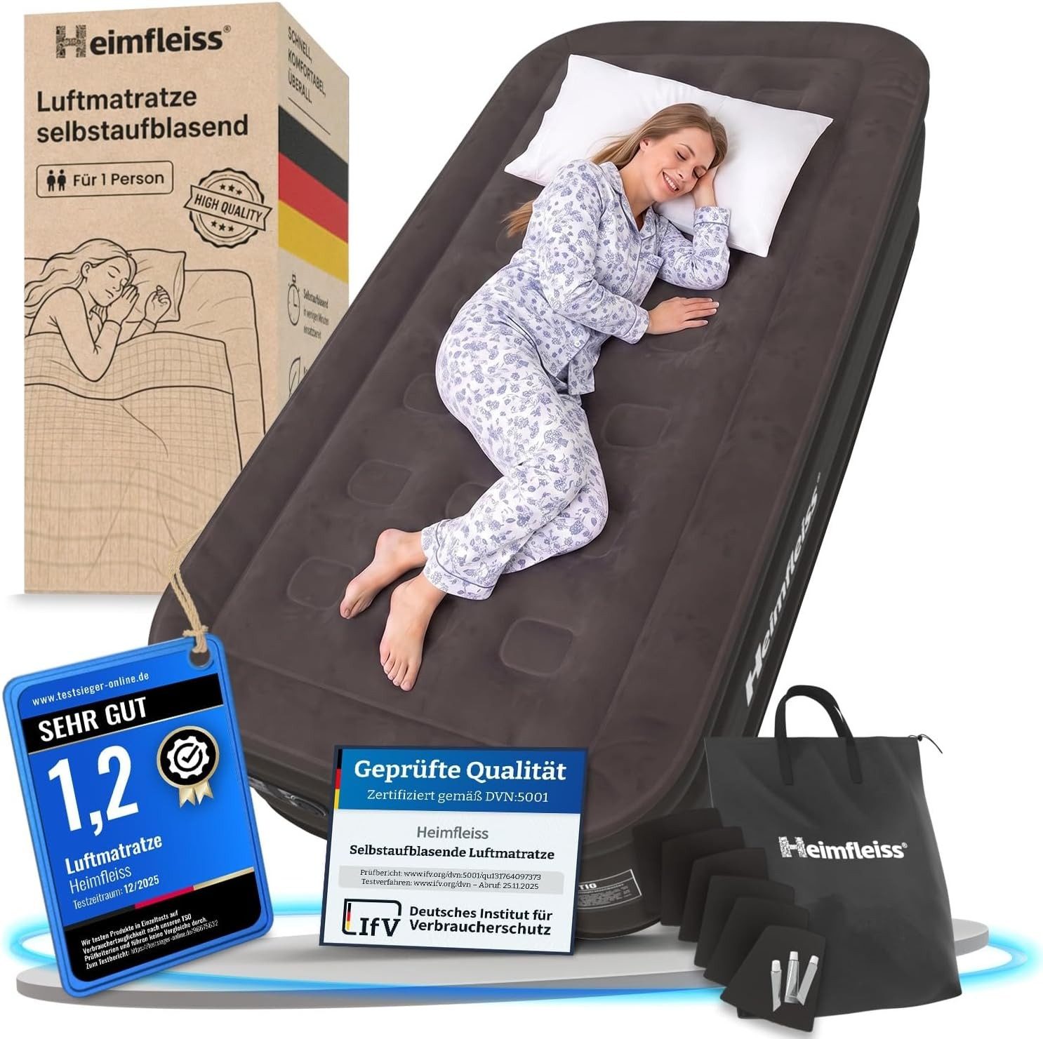 Heimfleiss® Luftmatratze Luftbett selbstaufblasend integrierte Pumpe, (Reisebett Matratze mit Elektropumpe, 3-St., inkl. Tragetasche und Reparatur-Kit), 1 Person 198x99x46 cm, 150 kg