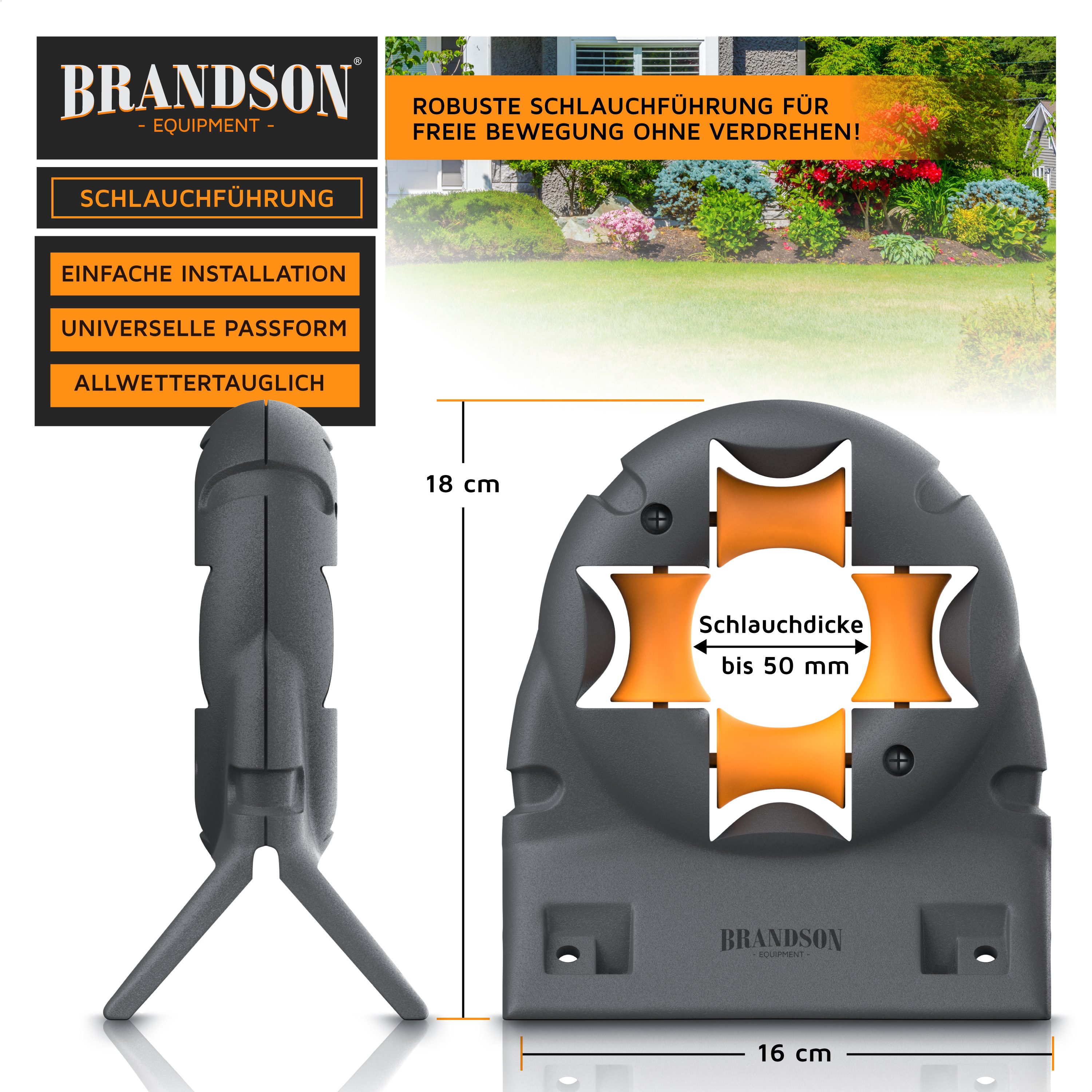 Brandson Schlauchhalterung Schlauchführung Wand / Eckmontage, Gartenschlauchführung Rollenführung, (1-tlg., inkl. Befestigungsmaterial, 4 Umlenkrollen, Wandschlauchführungswerkzeug, bis 50 mm Schlauchdicke)