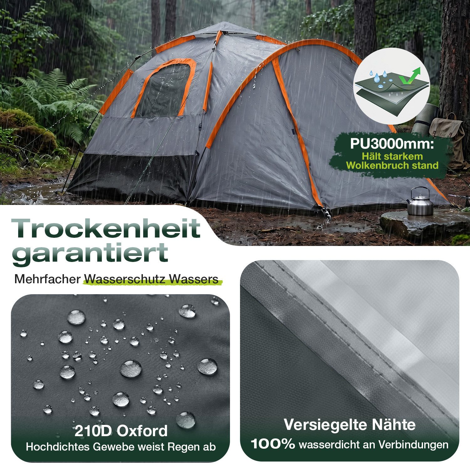 Sekey Kuppelzelt 3 in 1 Pop Up Campingzelt 4 Personen mit Vorzelt und Markise, Personen: 4, Pop up Kuppelzelte, Wasserdicht PU3000+ & UPF50+ Sonnenschutz
