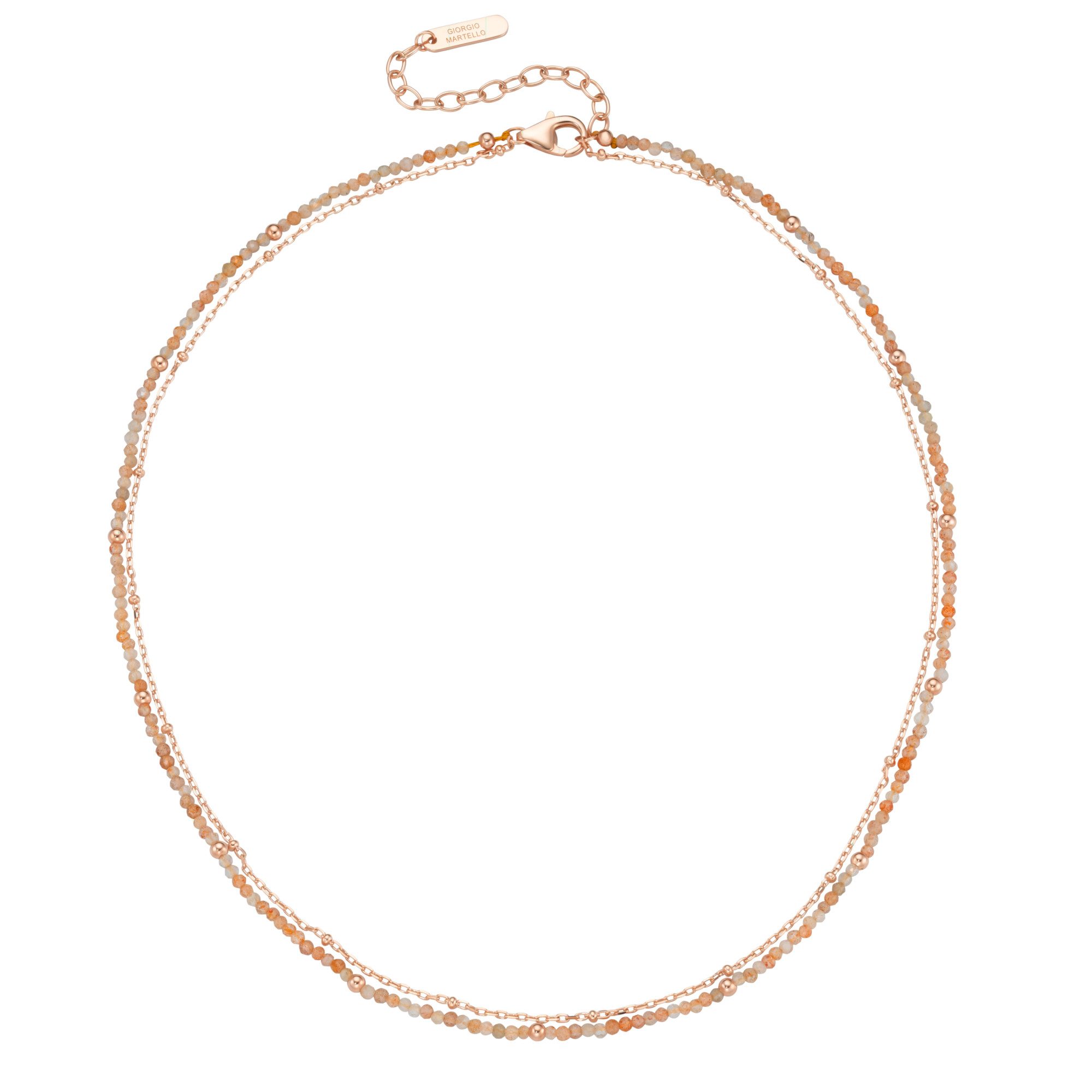 Collier mit apricotfarbigen Sonnenstein-Kugeln, Silber 925