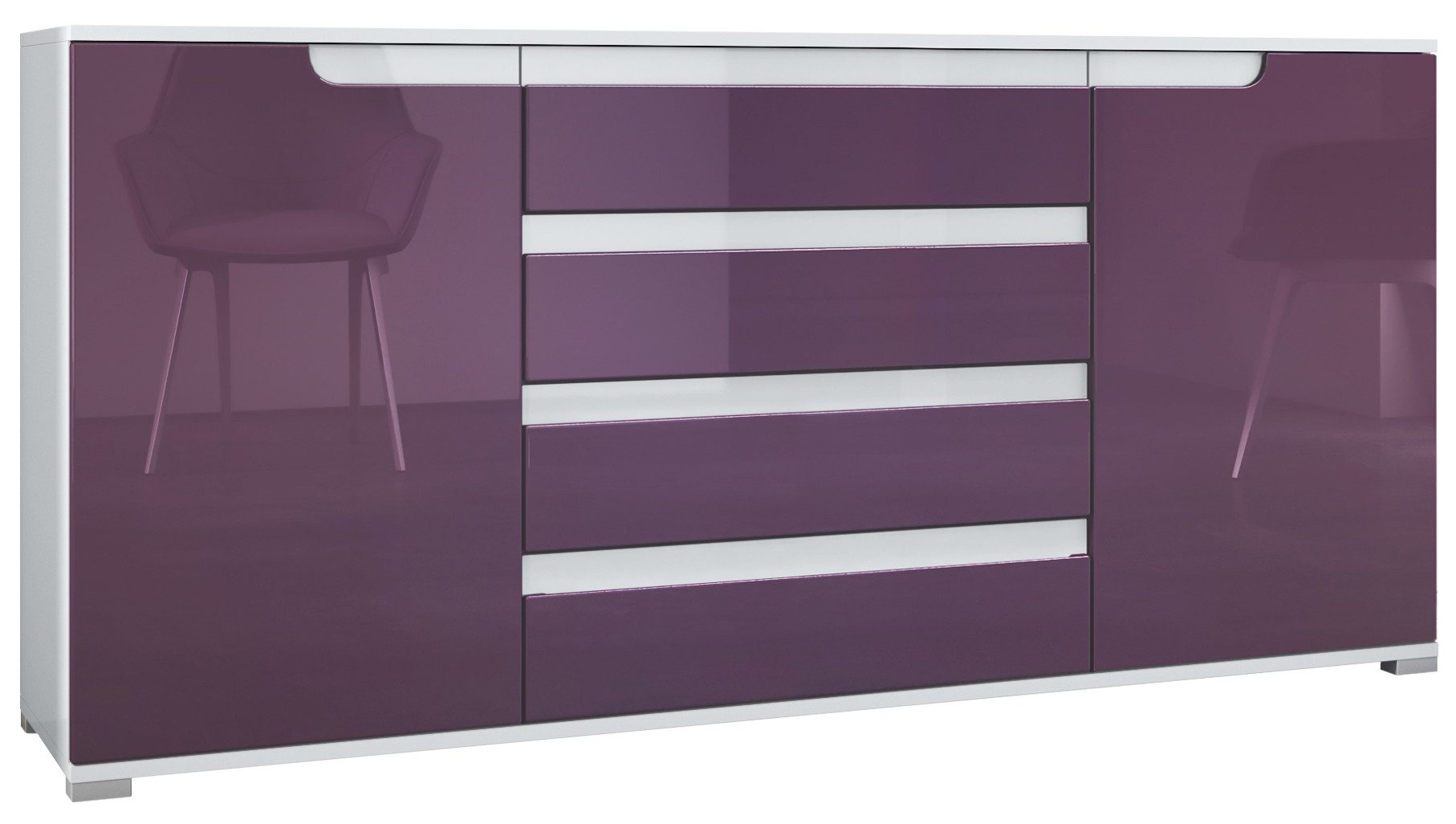 Vladon Sideboard Sylt V2 (Kommode mit 2 Türen und 4 Schubladen, Korpus - Weiß matt / Front - Brombeer Hochglanz), Absetzung - Weiß Hochglanz (166,5 x 75,5 x 35 cm)