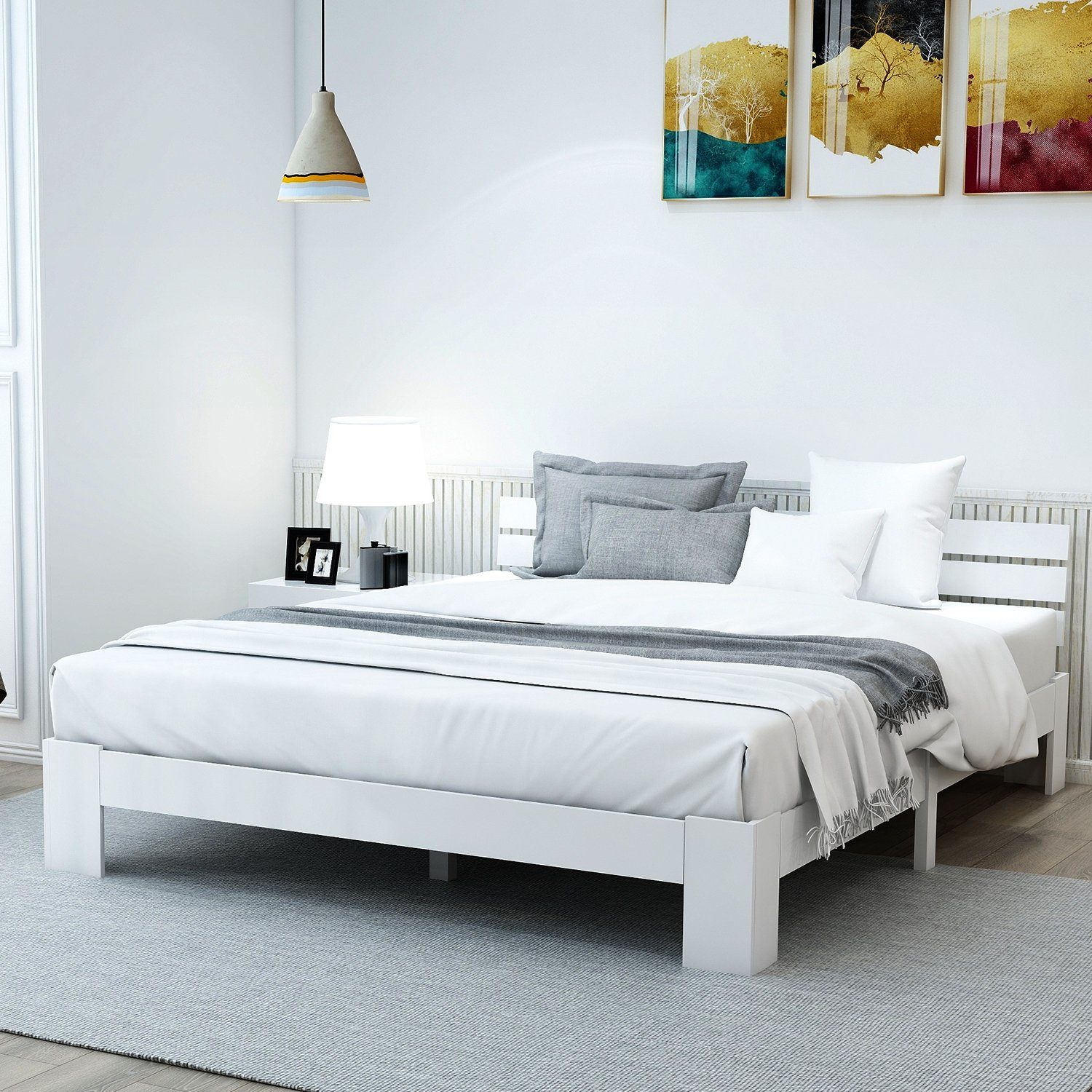 Holzbett (Maasivholzbett Futonbett), Doppelbett mit Kopfteil und Lattenrost, 200x140 cm, aus Kiefer