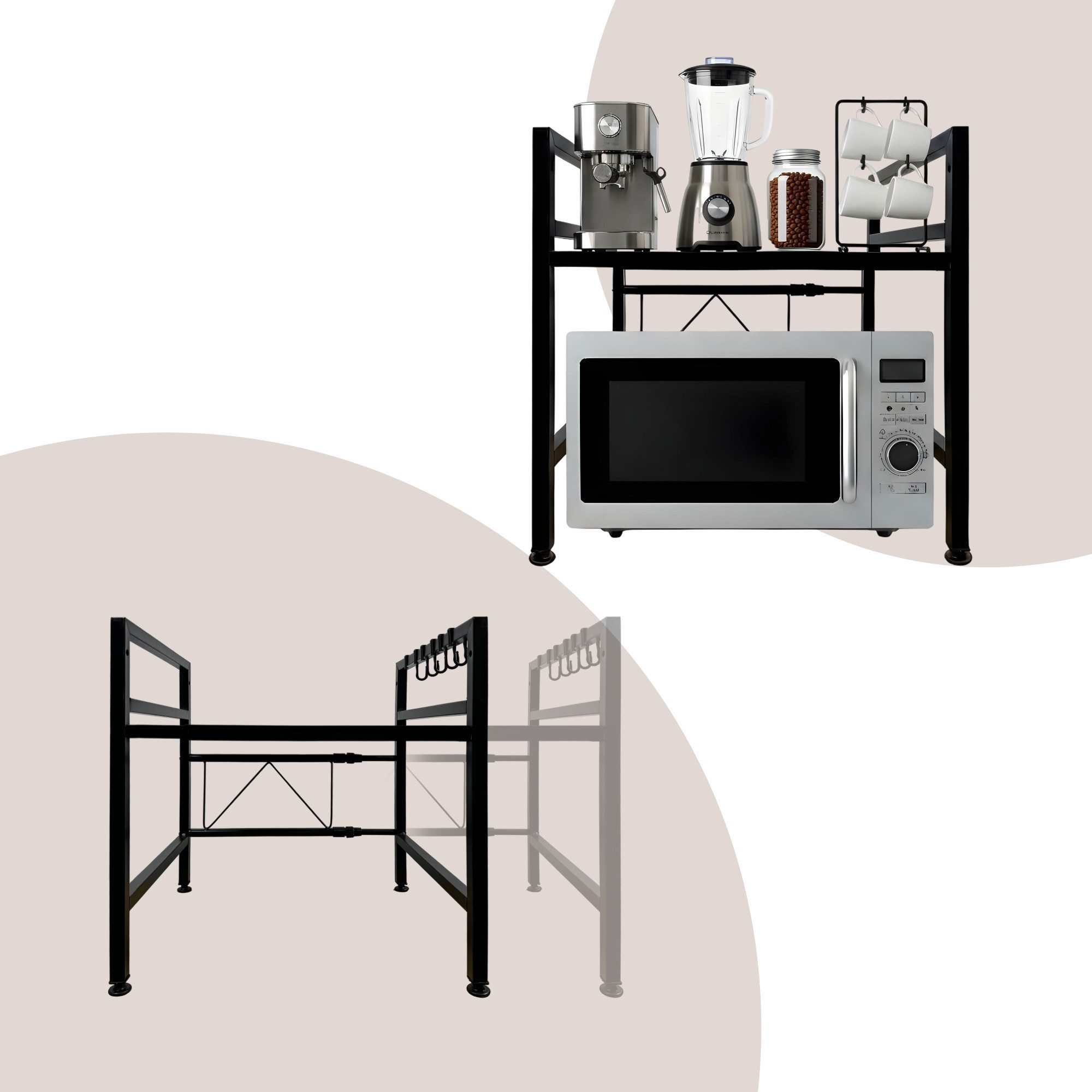 ibettertec Standregal Verstellbares Mikrowellenregal mit Haken, Küchenablage aus Stahl, Robustes Küchenregal aus Kohlenstoffstahl mit 6 Haken, flexible Anpassun – Bild 3 von 5