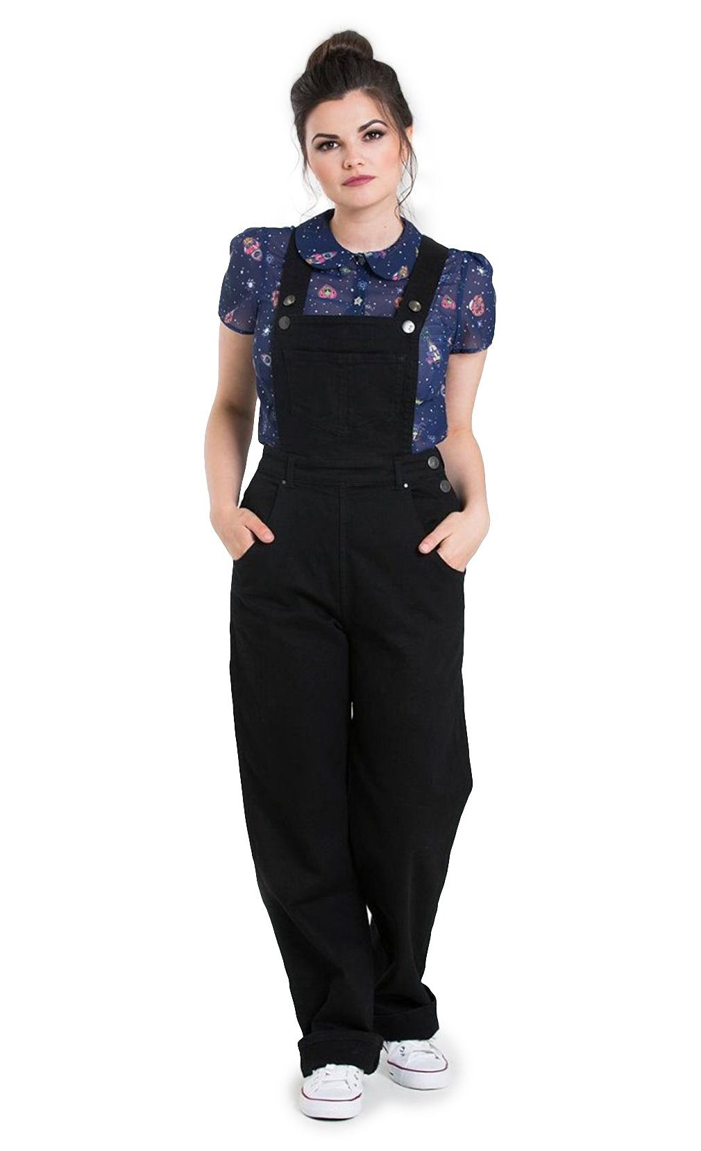 Hell Bunny Latzhose Elly May Denim Dungaree Schwarz Retro Vintage 50s Rockabilly