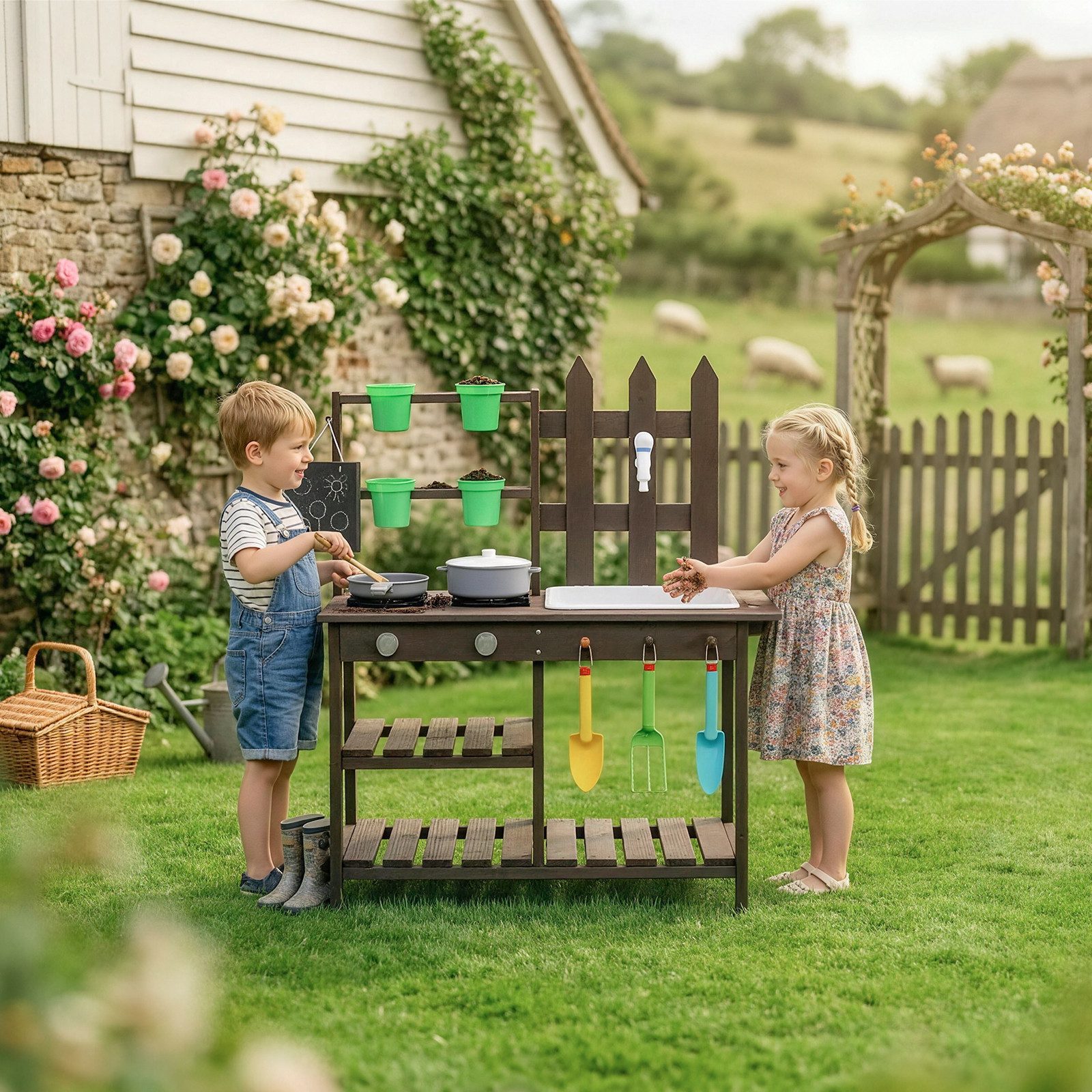 LALAHO Outdoor-Spielküche Holz Matschküche mit Pflanzentöpfen & Werkzeugen, Spielküche Für Garten, Balkon & Kinderzimmer geeignet