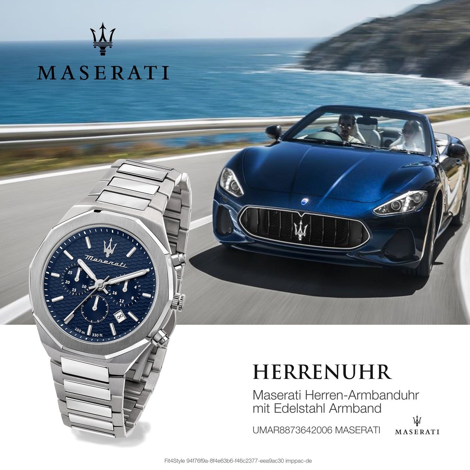 MASERATI Chronograph Maserati Edelstahlarmband, (ca. groß Herrenuhr Armband-Uhr, blau 45mm) rundes Edelstahl Gehäuse