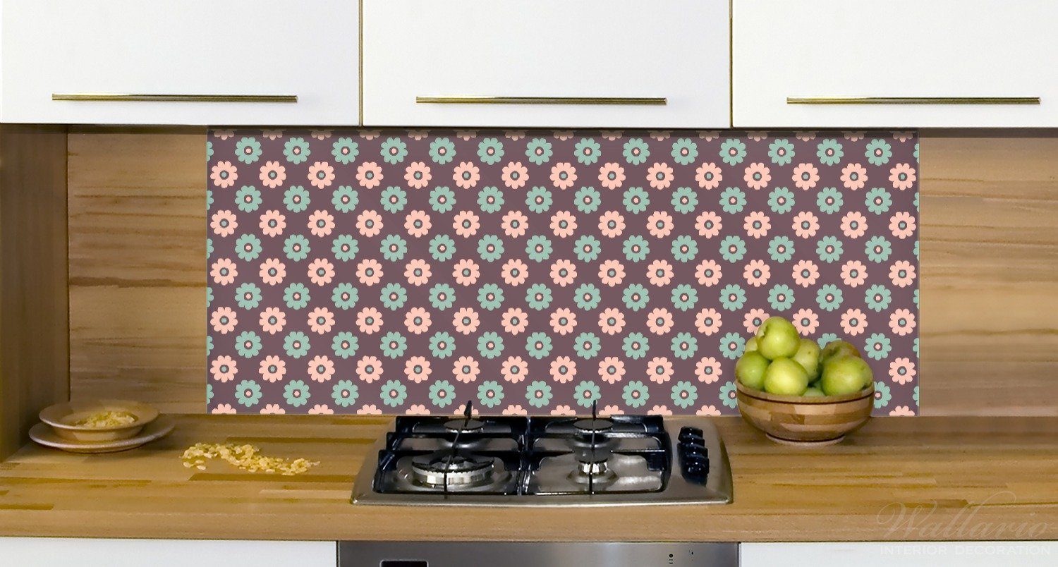 und rosa-farbenen Küchenrückwand Muster (1-tlg) Wallario grünen mit Blüten,