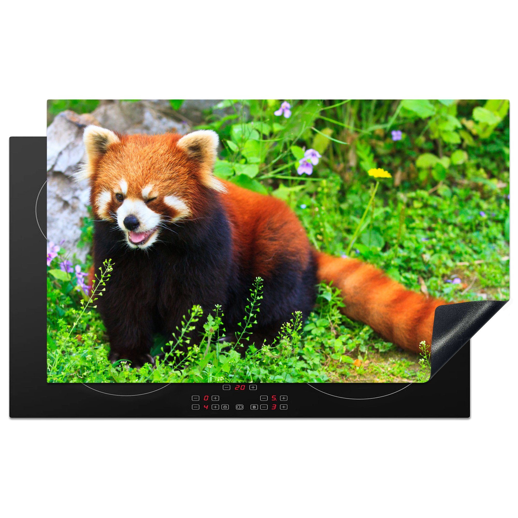 MuchoWow Herdblende-/Abdeckplatte Roter Panda - Grün - Gras, Vinyl, (1 tlg), 83x51 cm, Ceranfeldabdeckung, Arbeitsplatte für küche