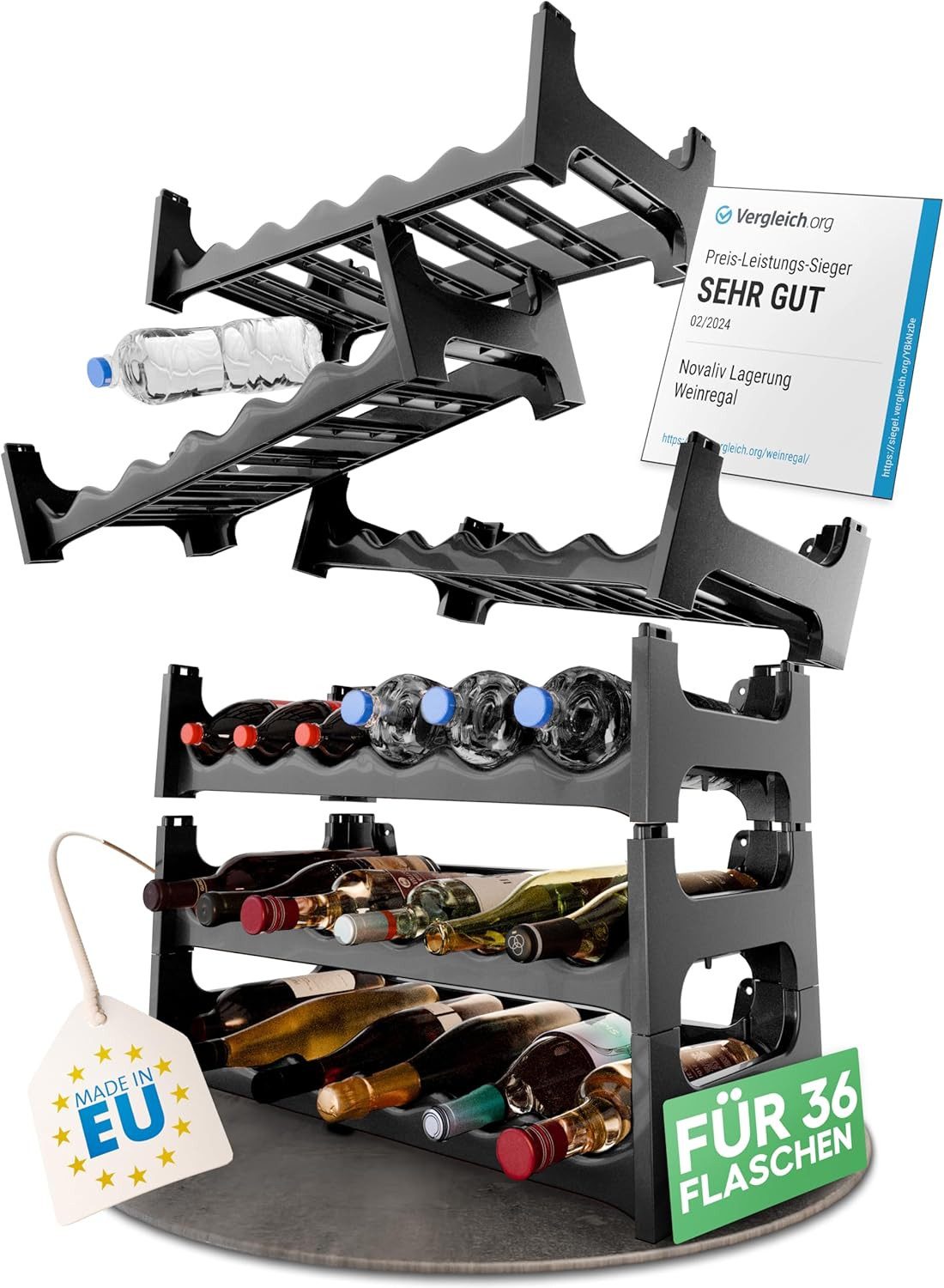 Novaliv Weinregal 20639-6x, 6-tlg., Flaschenregal für 36 Flaschen aus Kunststoff Recycelt, erweiterbar, We