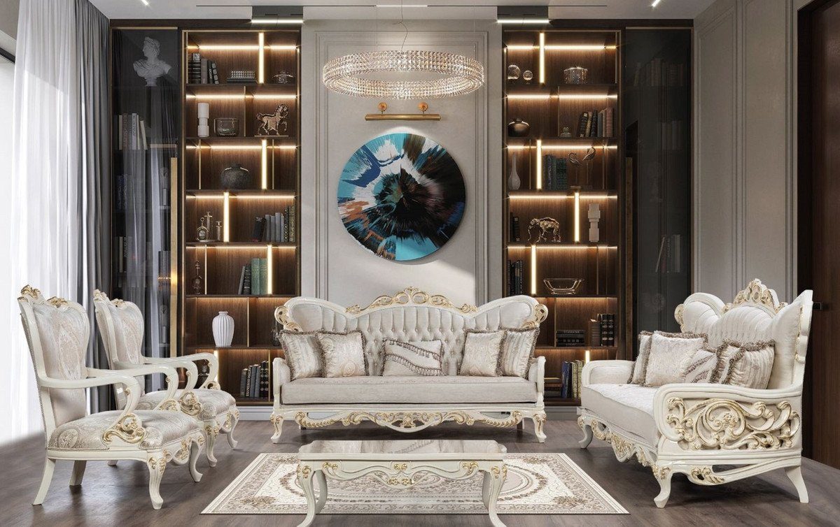 / Wohnzimmer Silber elegantem Weiß Möbel Sessel - Sessel Prunkvoller / mit Muster Sessel Luxus Wohnzimmer Barock - Padrino Gold Casa Barock
