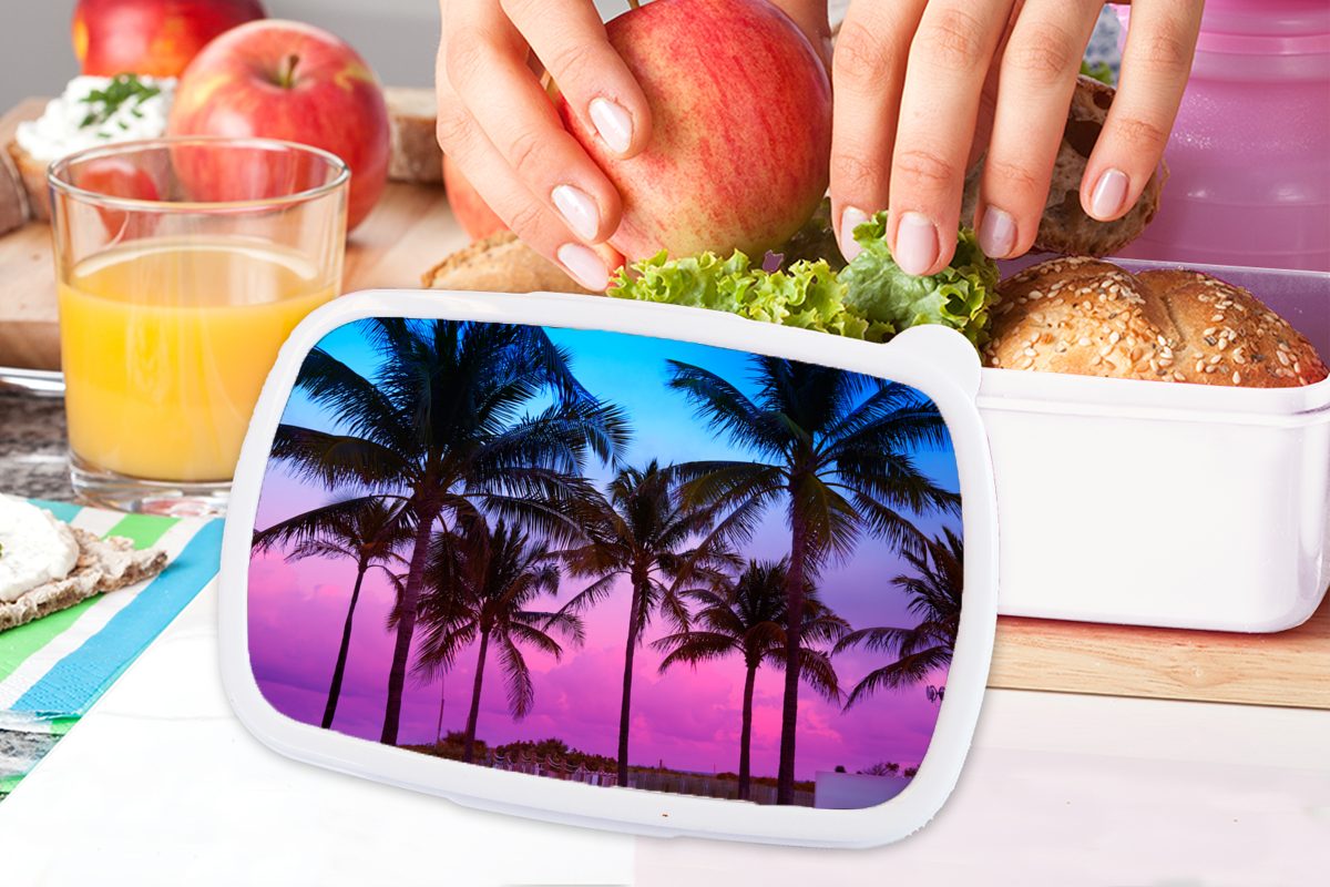 Silhouette Lunchbox (2-tlg), Kinder und - Brotbox Mädchen - Erwachsene, weiß Palmen für Jungs für Sommer, und Brotdose, MuchoWow Kunststoff,