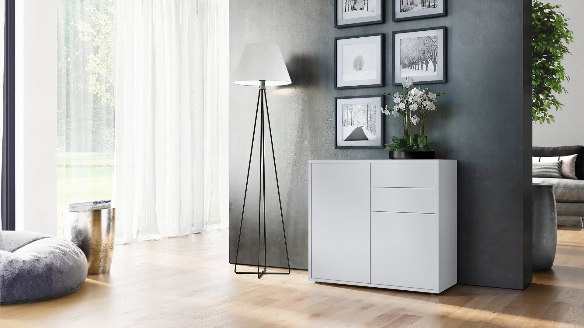 Vladon Kommode Ben V1 (Kommode, mit 2 Türen und 2 Schubladen), Weiß matt/Weiß matt (79 x 74 x 36 cm)