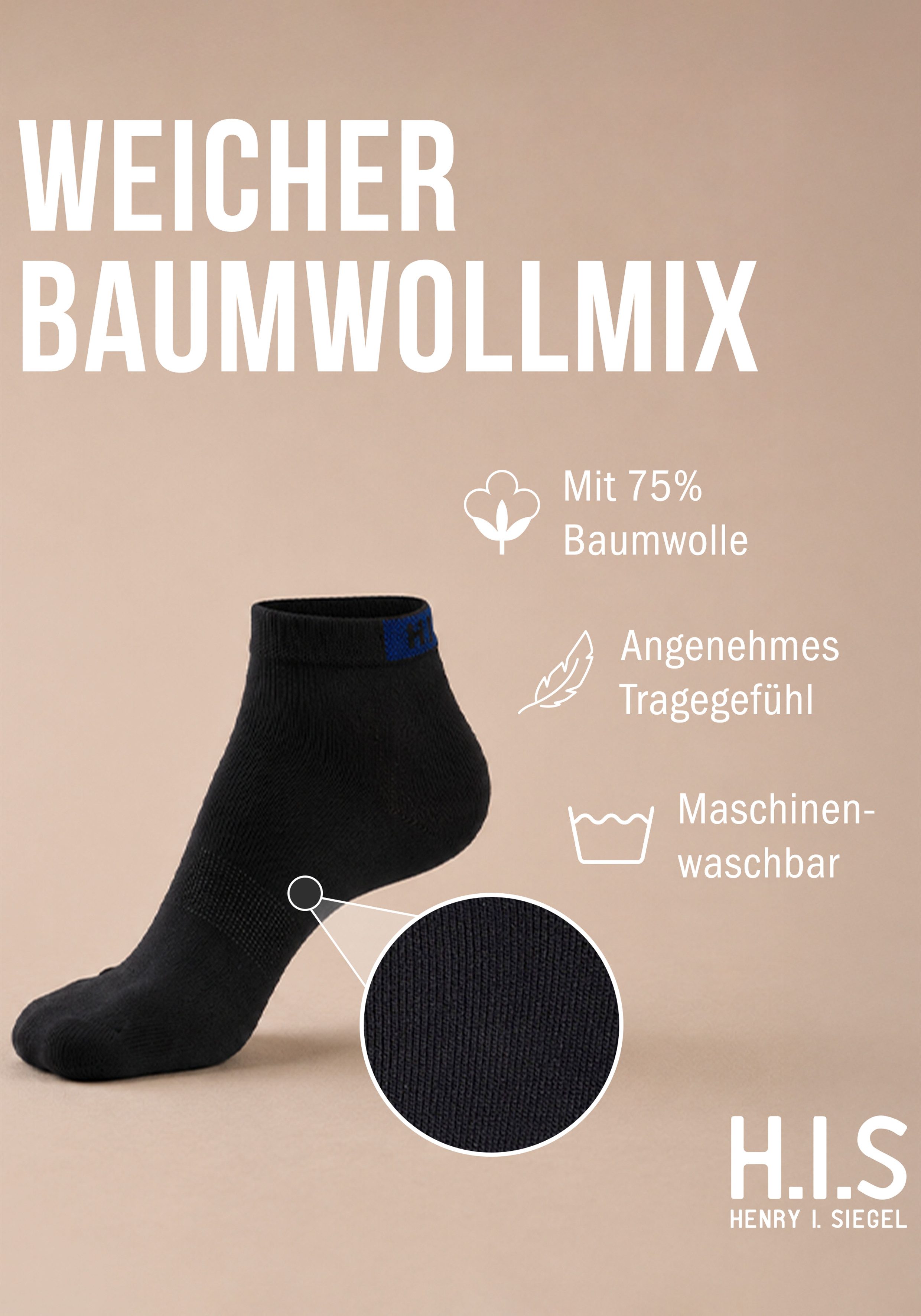 H.I.S Sneakersocken Sneaker Socken Herren Damen, Kurzschaft Socken (Packung, 10-Paar, Quarter Gr. 35-38 bis 47-48) mit verstärkten Belastungszonen – Bild 4 von 5