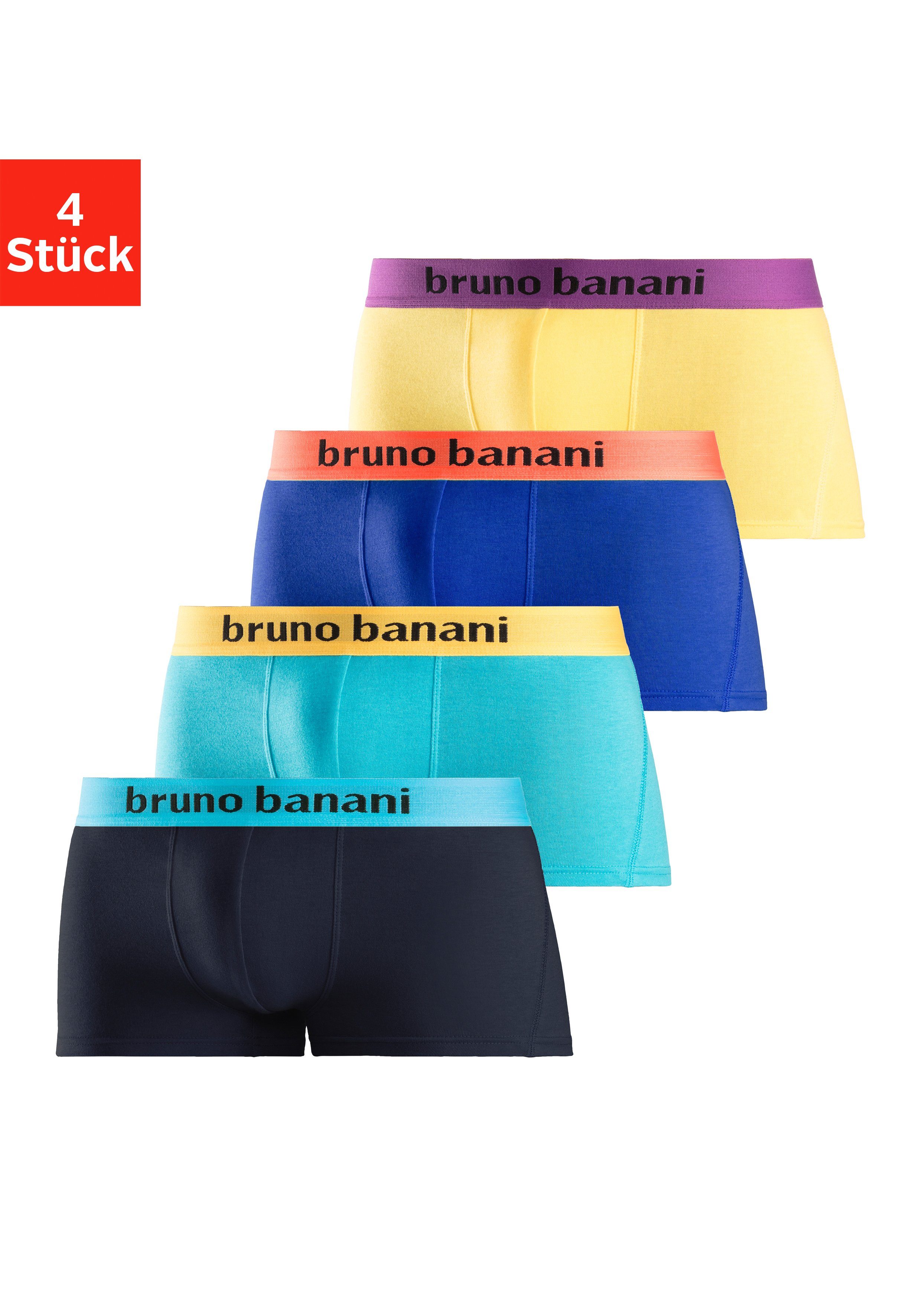 Bruno Banani Boxershorts (Packung, 4-St) in Hipster-Form mit Logo Webbund gelb, royalblau, türkis, navy