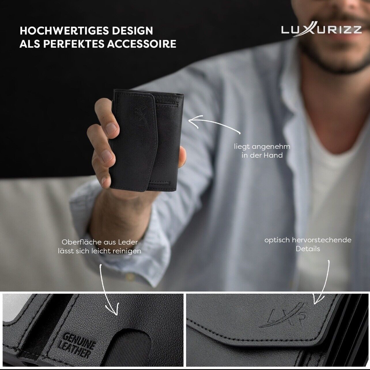 Luxurizz Mini Geldbörse Slim Wallet Echtleder mit Münzfach – Bild 4 von 5