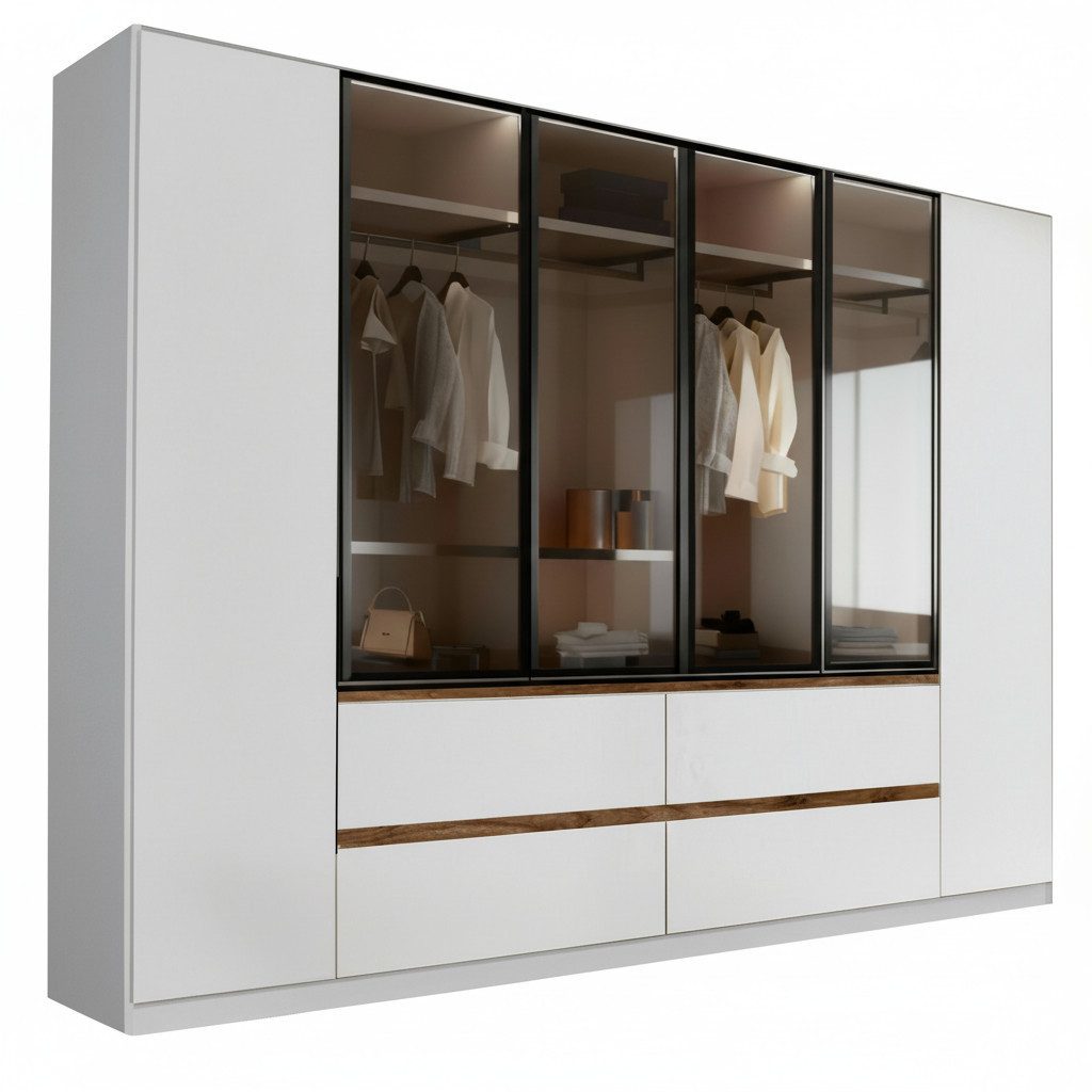 Palms-Store Kleiderschrank Rotterdam mit Glasfront und komplettem Zubehörpaket ca. Maße in cm: Breite:300cm, Höhe:218cm, Tiefe:62cm
