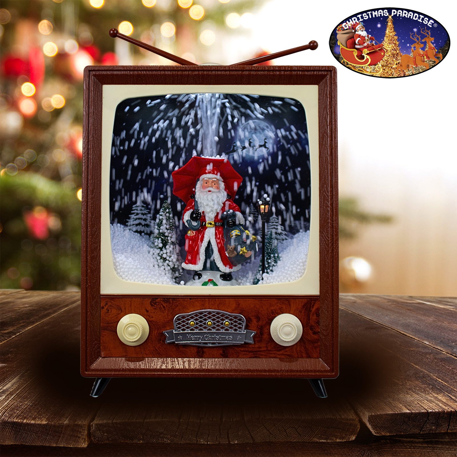 Christmas Paradise LED Laterne LED Schneelaterne Weihnachtsmann TV 30cm, schneit im Inneren, bunt-bronze
