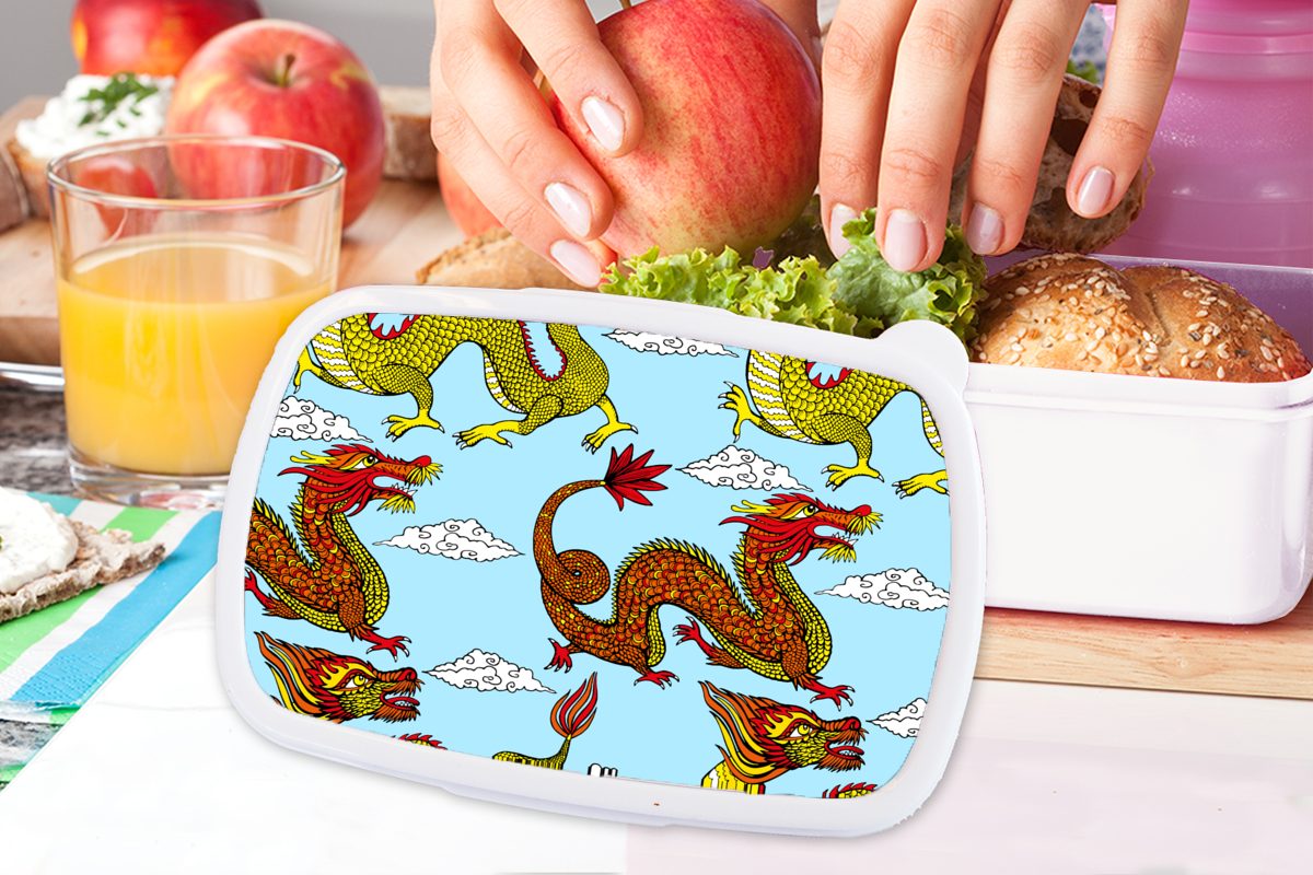 MuchoWow Lunchbox Drache und für weiß für - Chinesisch Muster, und Mädchen Brotbox - Erwachsene, Kinder (2-tlg), Kunststoff, Jungs Brotdose