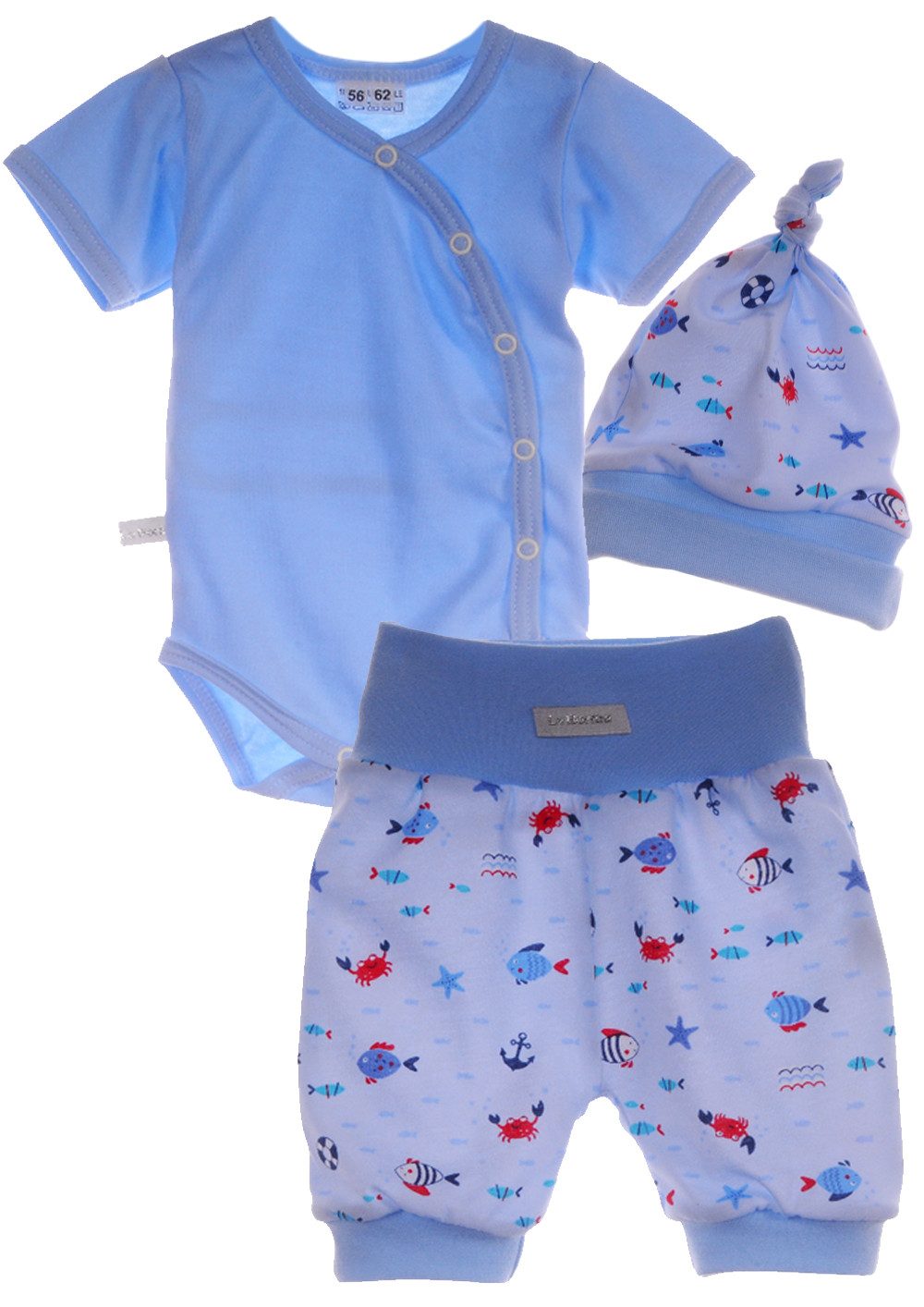 La Bortini Body & Shorts Baby Anzug 3-teilig Wickelbody Mütze und kurze Hose Erstlingsset aus Baumwolle, 44 50 56 62 68