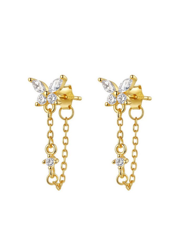 Hey Happiness Paar Ohrhänger Schmetterling Kettenohrringe, mit Zirkonia, 925 Silber Ohrstecker mit Ketten vergoldet, Gold & Roségold