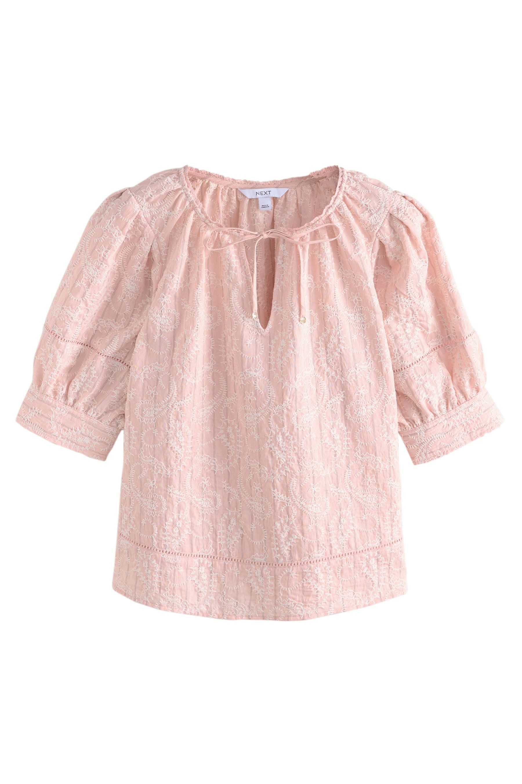Kurzarmbluse Bluse mit Stickerei, Bindeausschnitt Paisleymuster