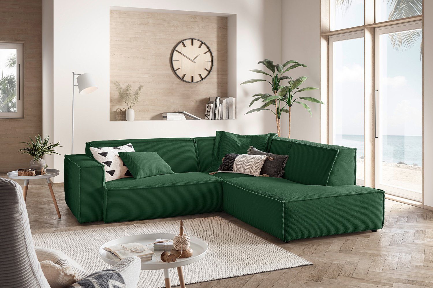 KAWOLA Ecksofa SAMU, Sofa Recamiere Cord, Farben rechts versch. links, smaragd od