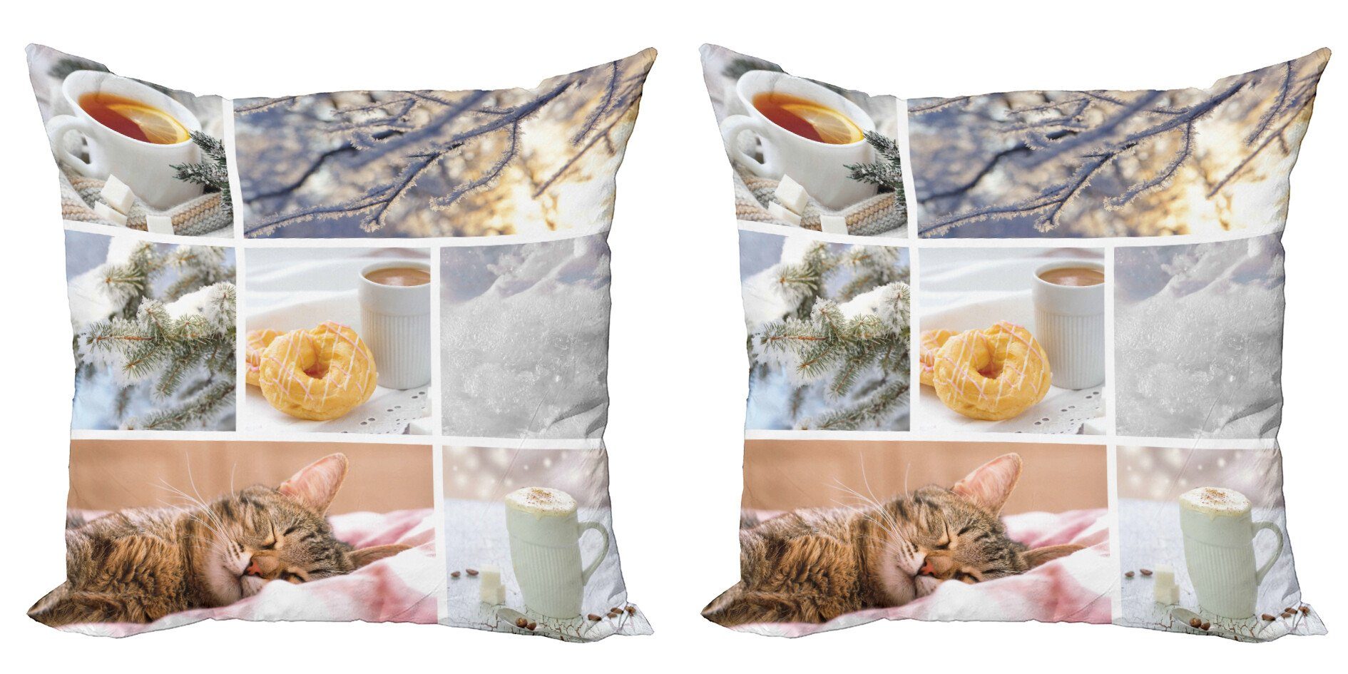 Kissenbezüge Modern Accent Doppelseitiger Digitaldruck, Abakuhaus (2 Stück), Winter Schnee-Katze Kaffee Donuts