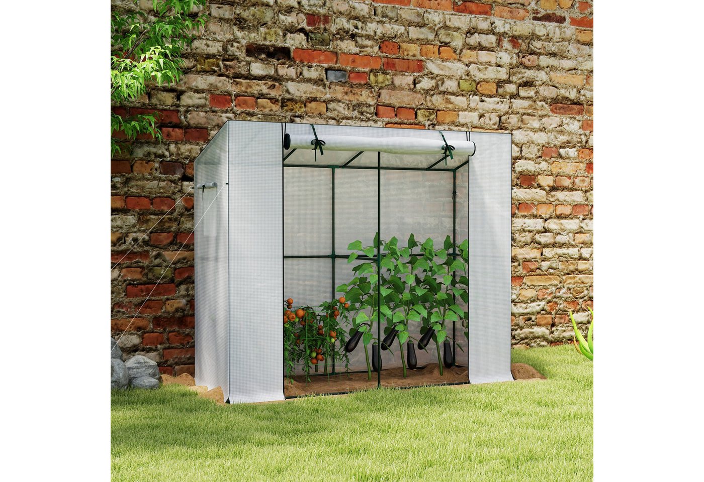 Thumbnail - Outsunny Foliengewächshaus mit Rolltür 2 Fenster, winterfest, aus Stahl, mit UV schutz, BxTxH: 200 x 76 x 170 cm, BxLxH:...